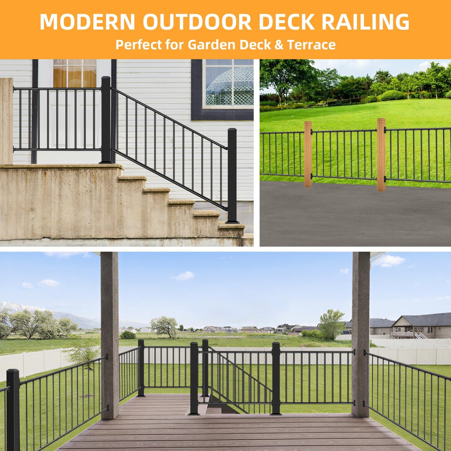 SunCrafts Heavy Duty Steel Deck Railing System, 2-Pack 38 in. H x 6 ft. W Galvanized Guardrail Deck Railing Kit with Black Powder-Coated Finish for Outdoor Decks, Porches & Balconies