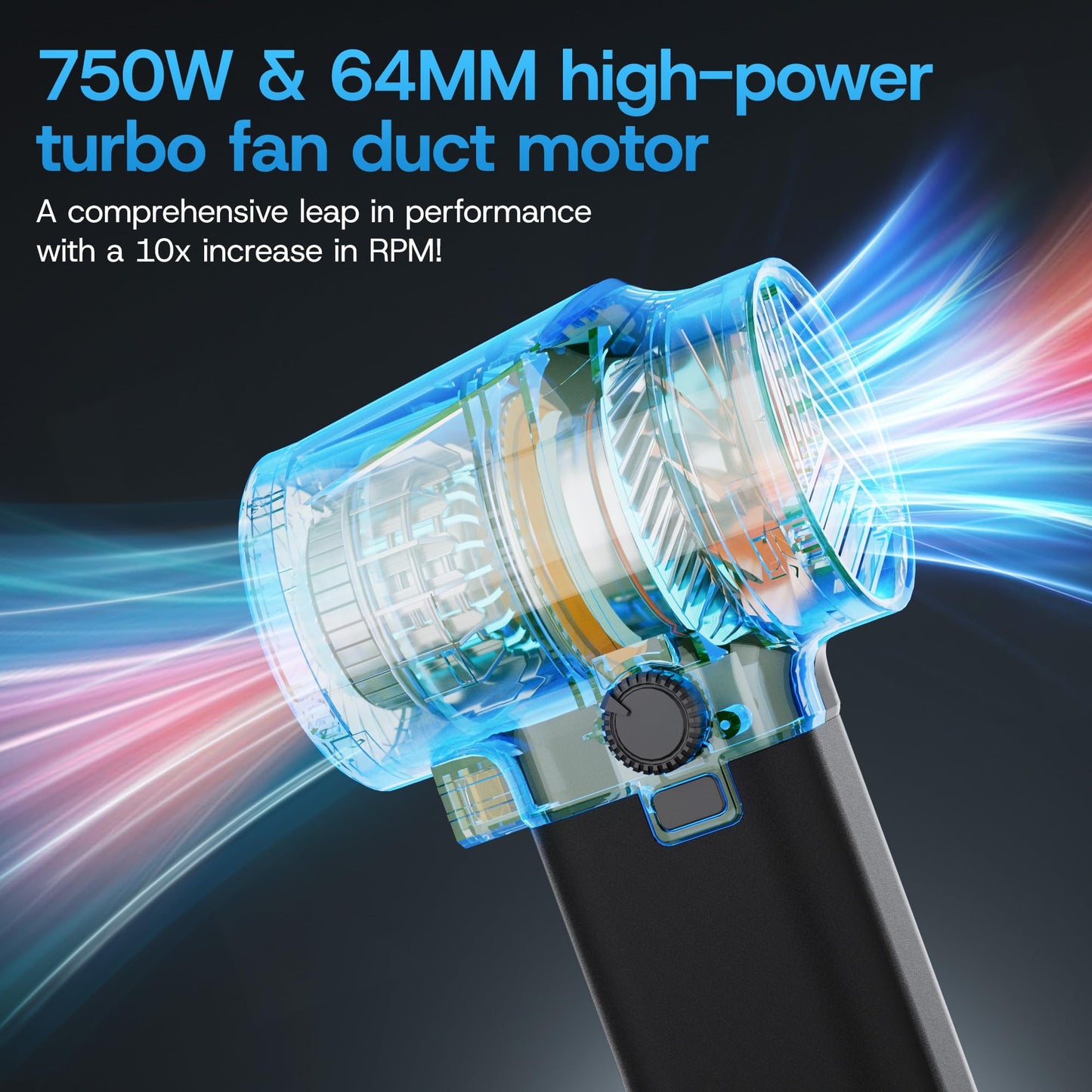 Thrustmax Turbo Dryer Blower for Car, Max 220MPH & 3.1LB Thrust, with Silicone Grip and COB Lights, 64MM & 750W Brushless Motor Car Blower, Portable Leaf Blower for Patio, Lawn and Car Cleaning