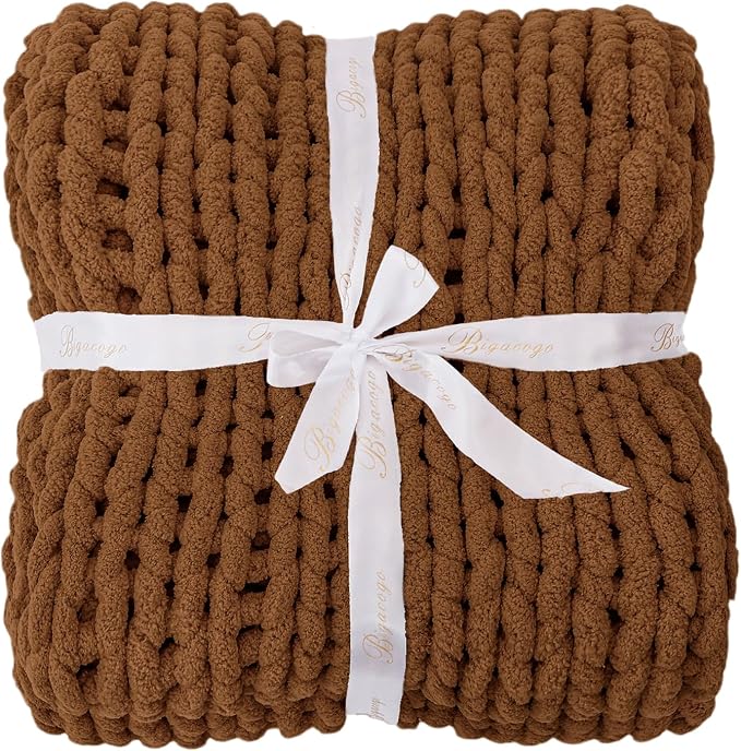 Bigacogo Chunky Knit Throw Blanket for Couch, 40x40 inches, 100% Hand Knitted with Thick Jumbo Chenille Yarn, Cozy Soft Large Rope Knot Cable Crochet Blankets for Sofa Bed Living Room, Caramel