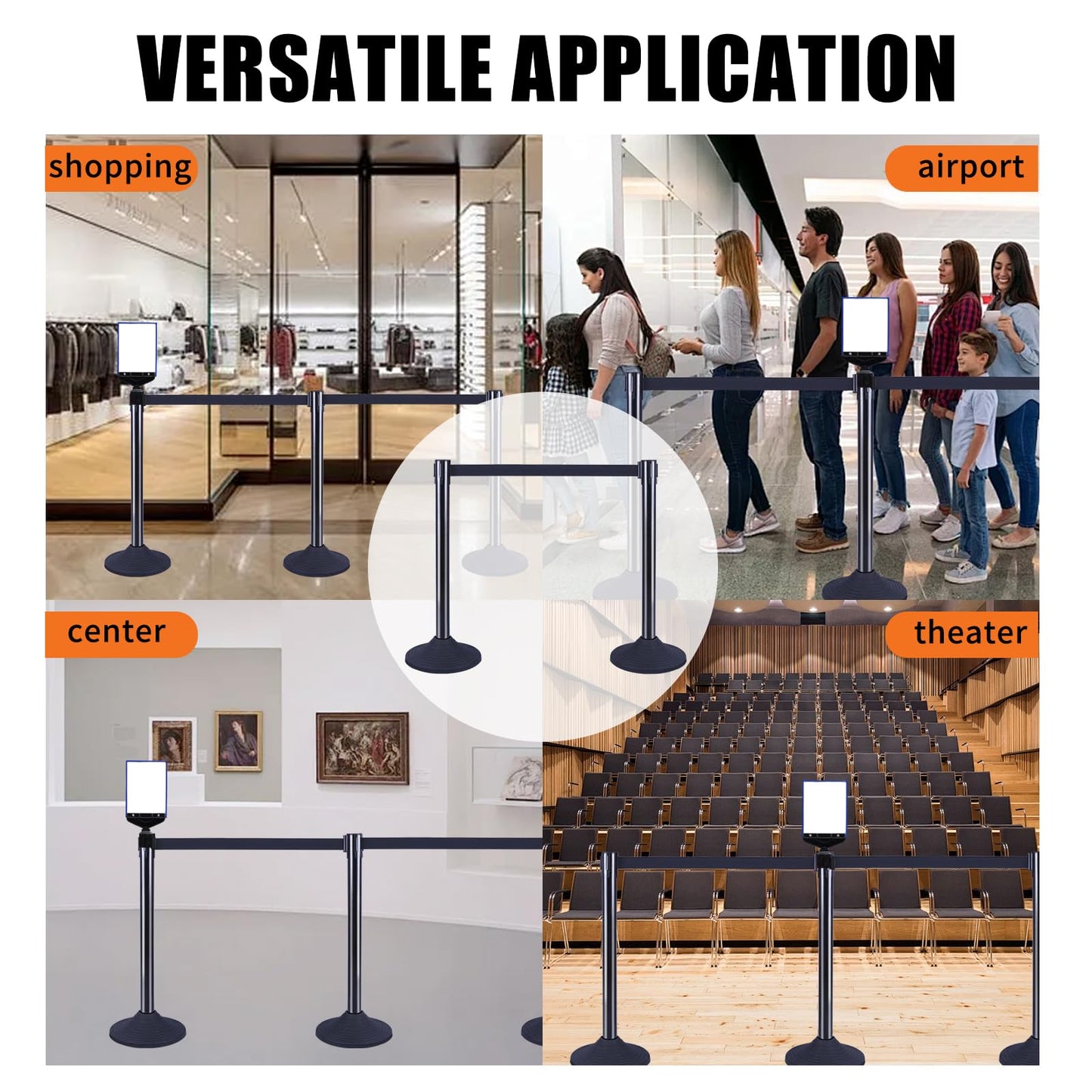 VILMON 41" Black Crowd Control Stanchion Set, Stable Heavy-Duty Rubber Base with 10 Feet Retractable Belt Crowd Control Barriers, Retractable stanchions for Outdoor Safety (6 Pack)