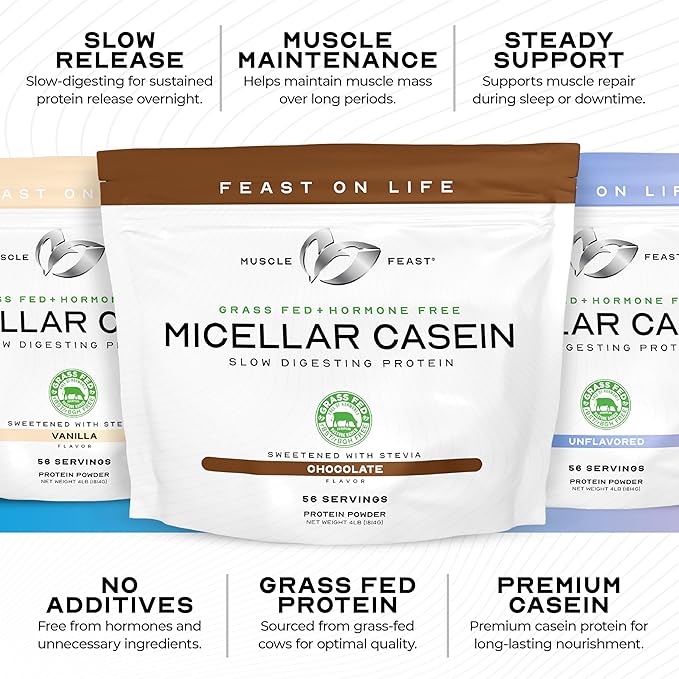 Muscle Feast Grass Fed Micellar Casein Protein Powder, Pasture Raised & Hormone Free, Slow Digesting Casein Protein - Supports Overnight Muscle Recovery, Gluten Free Protein Powder - Unflavored, 4lb
