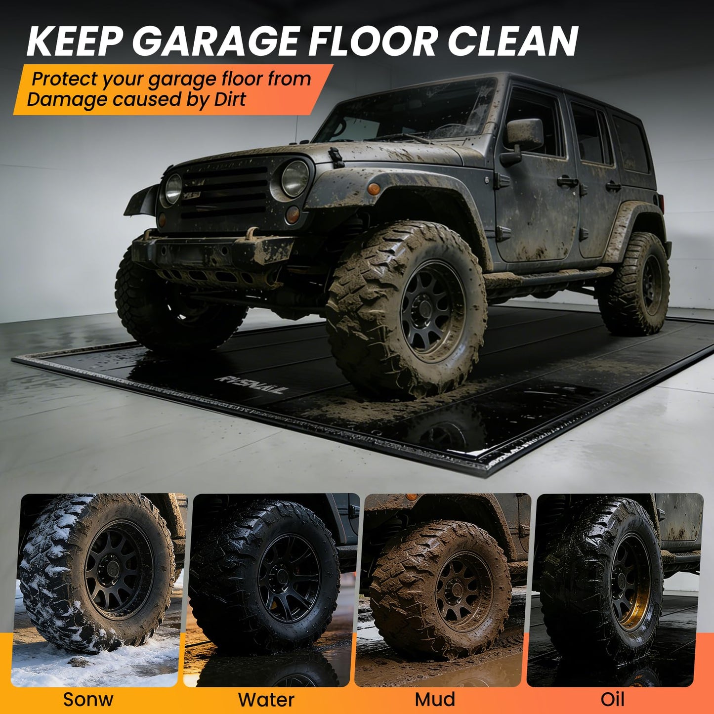 RVSNAIL Garage Floor Mat, 8'6''x20' Heavy Duty 1.2inch Thick Containment Mats, Waterproof PVC Matwith High Elastic Sponge Column, Non-Slip Surface, Parking Mat with a Squeegee