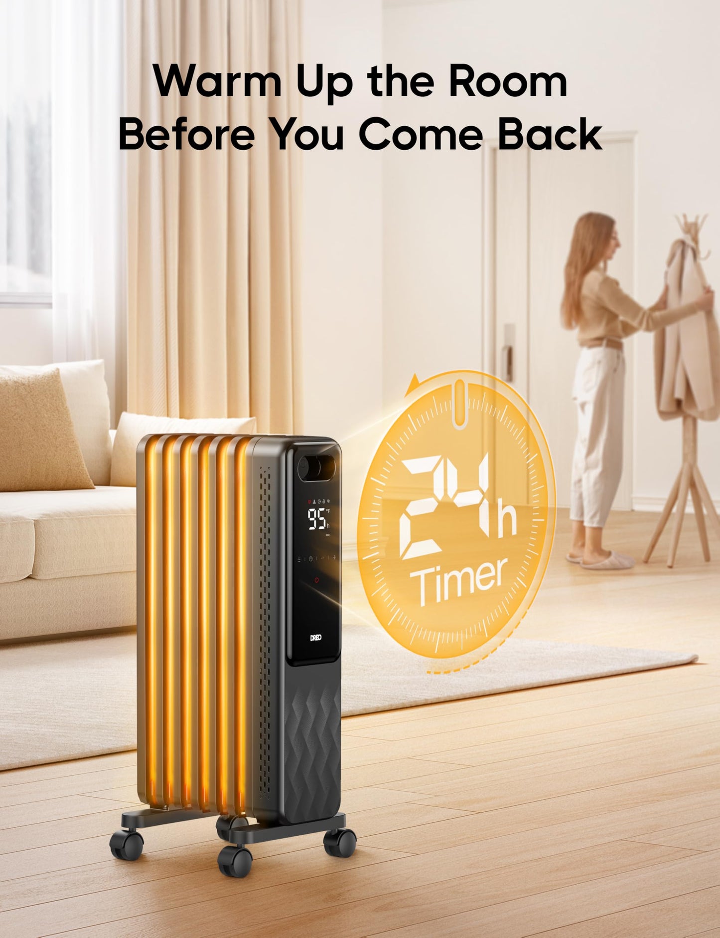DREO Oil Filled Radiator, Electric Radiant Heaters for indoor use Large Room with Remote Control, Child Lock, 4 Modes, Overheat & Tip-Over Protection, 24h Timer, Digital Thermostat, Quiet, 1500W