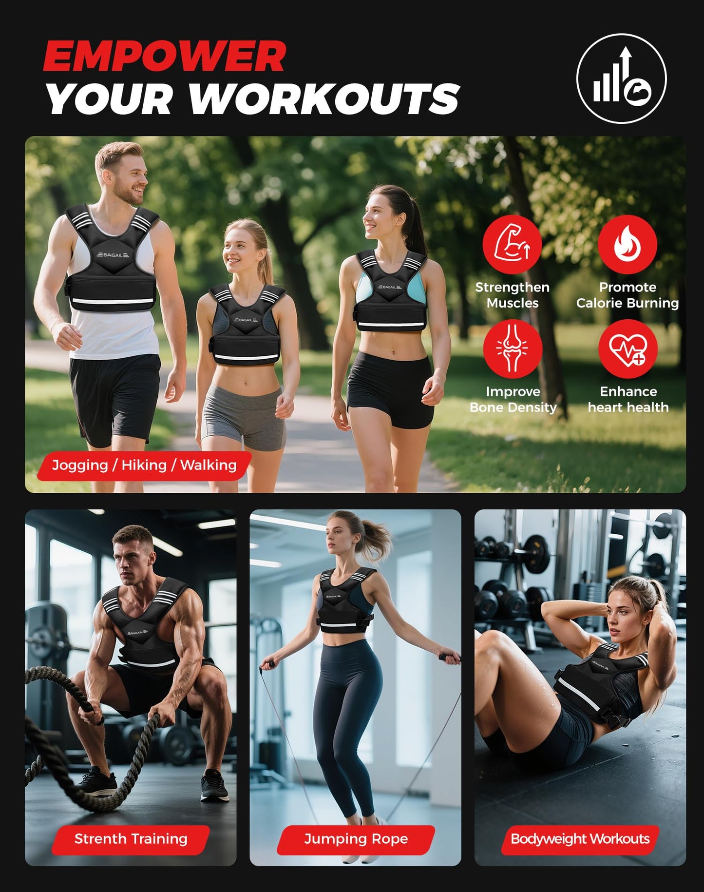 BAGAIL Adjustable Weighted Vest for Women 4-10lb, Comfortable U-Neck Rucking Vest with 6 Removable Weights, Storage Pocket and Reflective Strips for Walking, Jogging, Weight Loss & Home Workouts