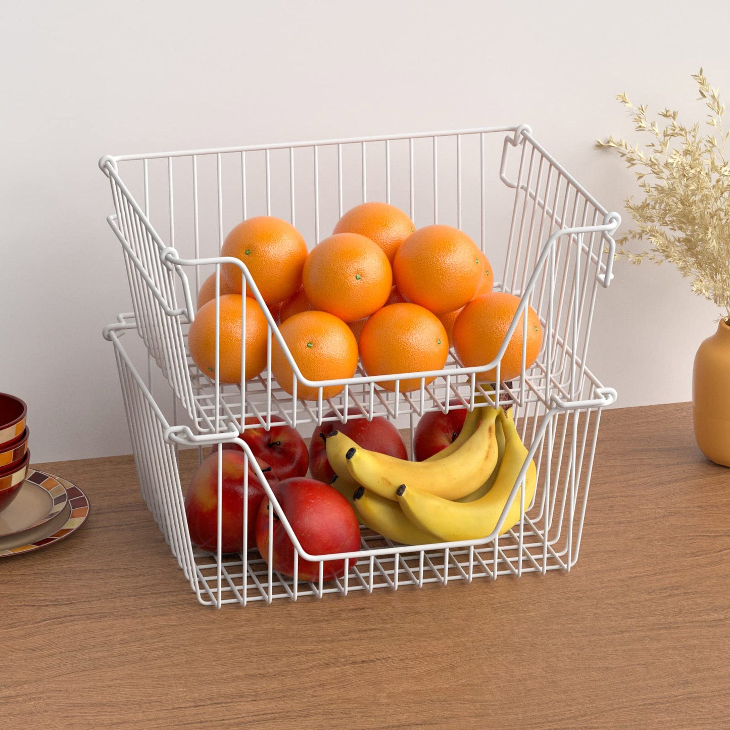 blitzlabs Stackable Wire Metal Baskets Large Capacity Kitchen Freezer Bins for Pantry Cabinet Fruit Vegetable Snacks Organization, White, Set of 4