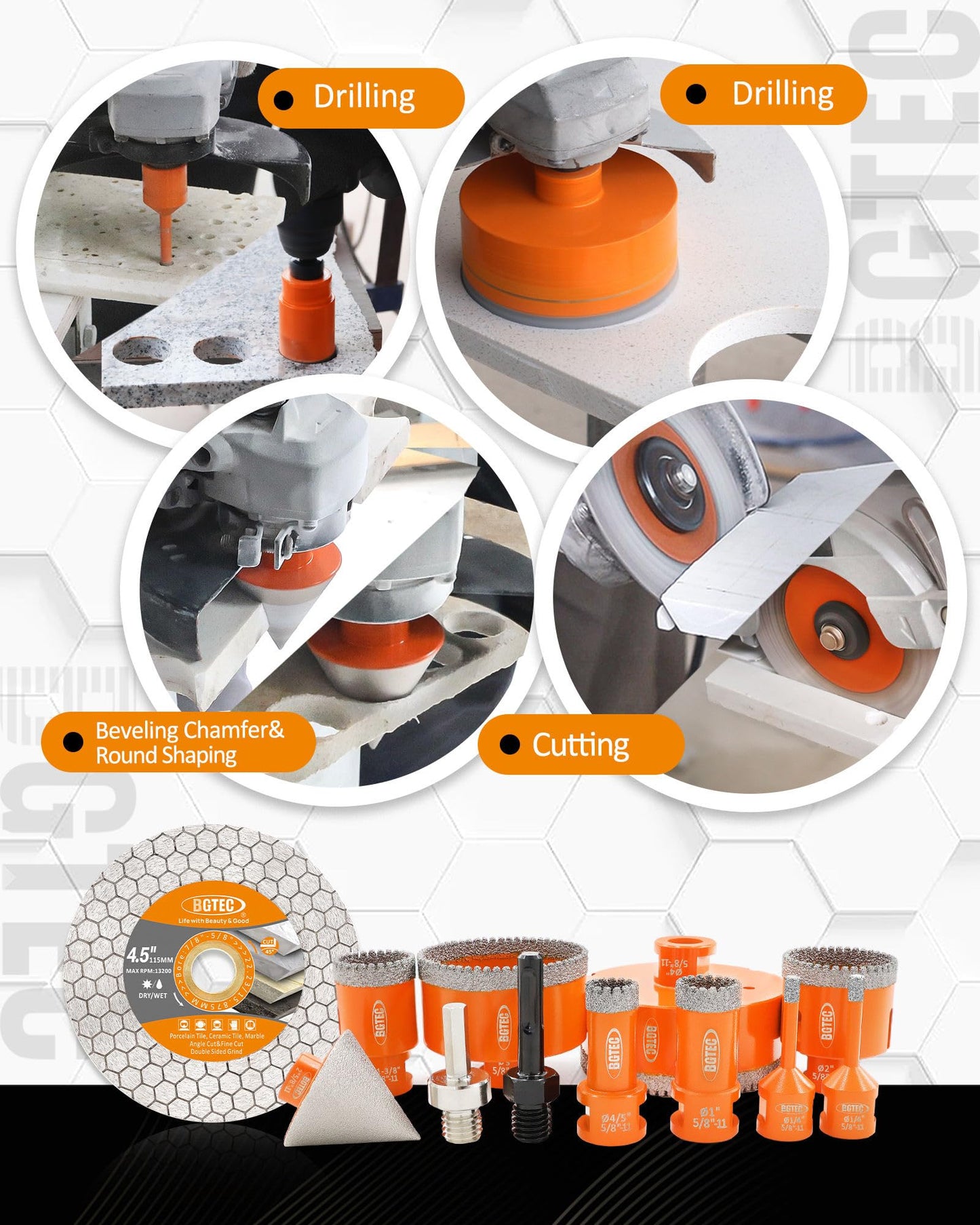 BGTEC Diamond Hole Saw Kit - 11PCS 6/6/20/25/35/50/75/100mm Drill Bits & 50mm Chamfering Bit & SDS/HEX & 115mm Tile Blade for Porcelain Tile Ceramic Granite Marble Stoneware