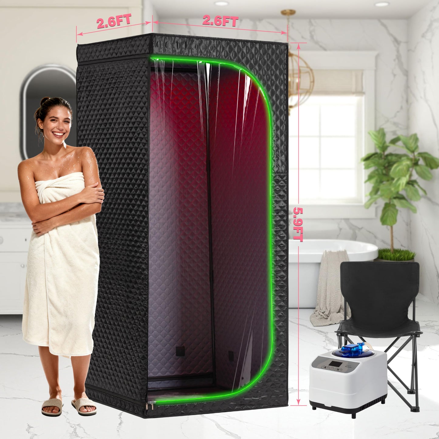 RRGFB Steam Sauna Tent for Home with Transparent Door, Portable Indoor Sauna with Powerful Steam Heating, Foldable Personal Spa for Relaxation (Single Rectangular – Red Light,Black)