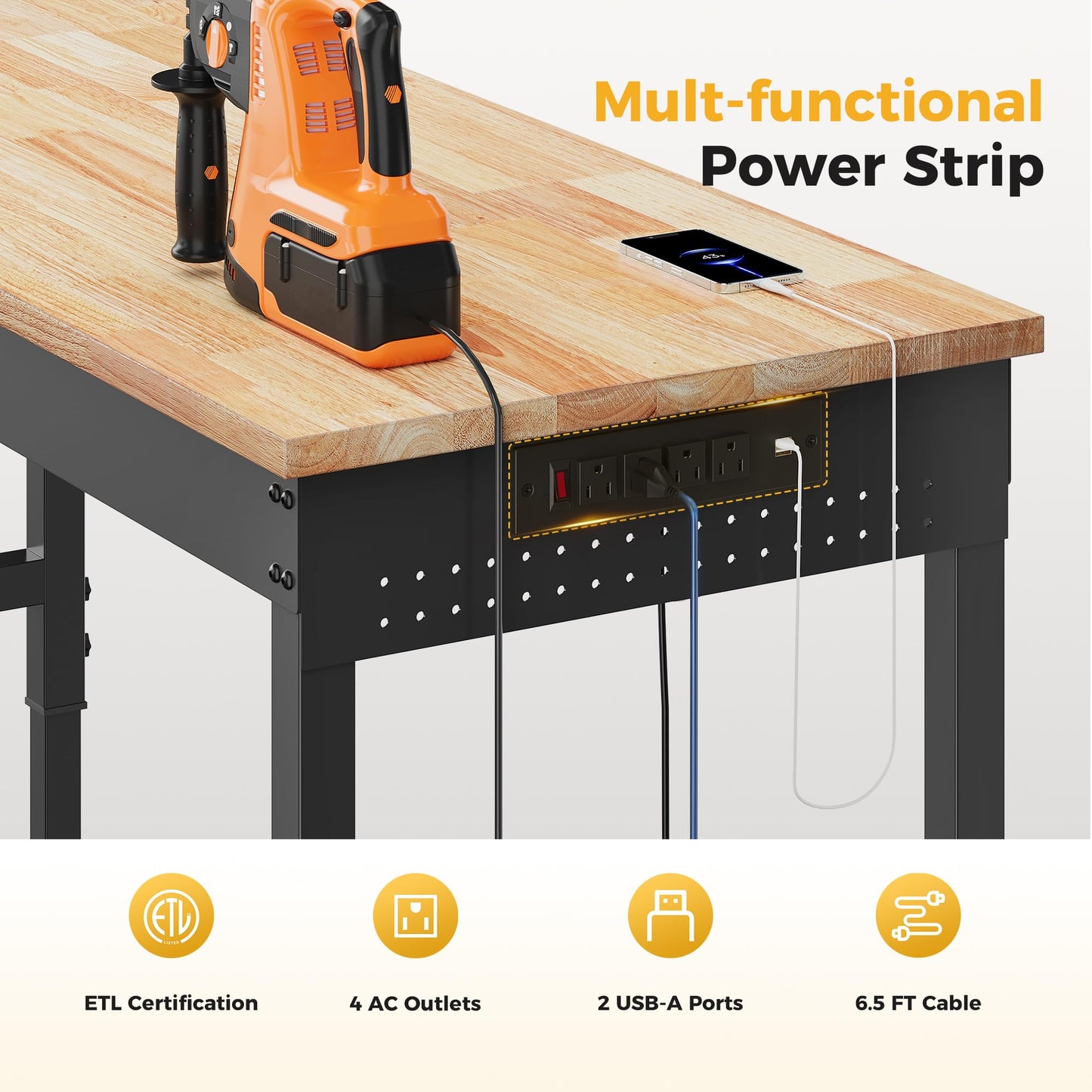 CAMMOO 120" Adjustable Heavy Duty Workbench, 2000 LBS Load Capacity Rubber Wood Work Table with Pegboard, Power Outlets, Work Bench for Garage, Workshop, Office, Home, Commercial, Ships in 2 Boxes
