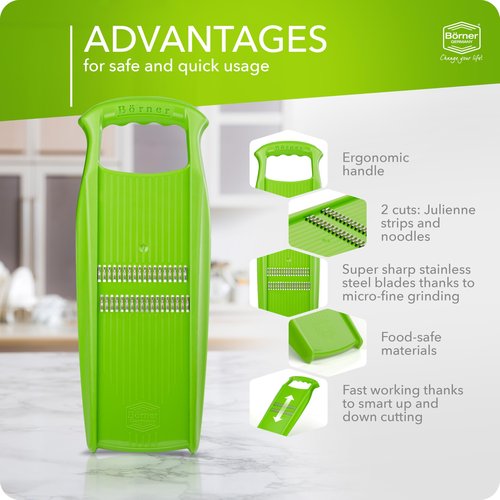 Börner Roko PowerLine Vegetable Slicer • Julienne Cutter for Fruit and Vegetables • Julienne Slicer for Fine Strips • Fine Vegetable Grater • Kitchen Slicer (Green)