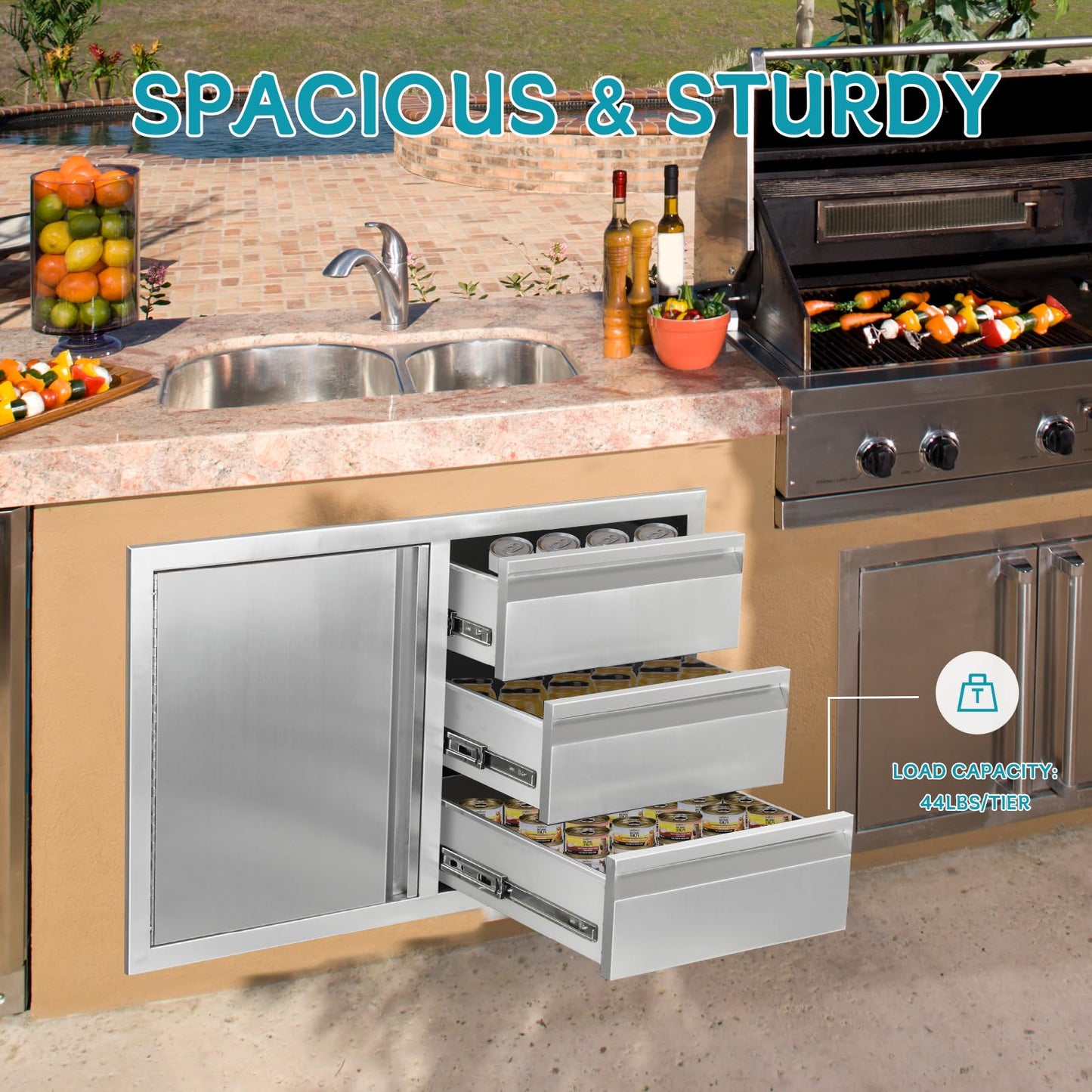 FORJAMINT Outdoor Kitchen Door Drawer Combo Cabinet,38.1W x 22.6H x 20.8D Stainless Steel with Handles,Triple Drawers & BBQ Access Combo for Outdoor Kitchen Island (Drawer and Left Door Combo)