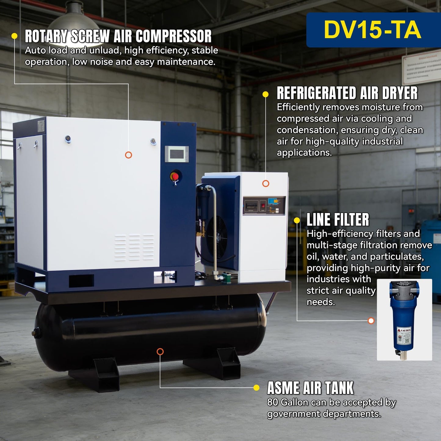 DAVV 20HP/15KW VSD Permanent Magnet Rotary Screw Air Compressor for Laser Cutting – 230PSI / 42CFM, 80Gal ASME Tank, Refrigerated Air Dryer & Filters, 460V 3-Phase 60Hz