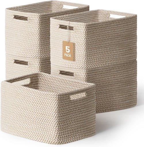 5 Pack Woven Storage Baskets - Decorative Cotton Rope Organizers for Toys, Books, Clothes | Khaki