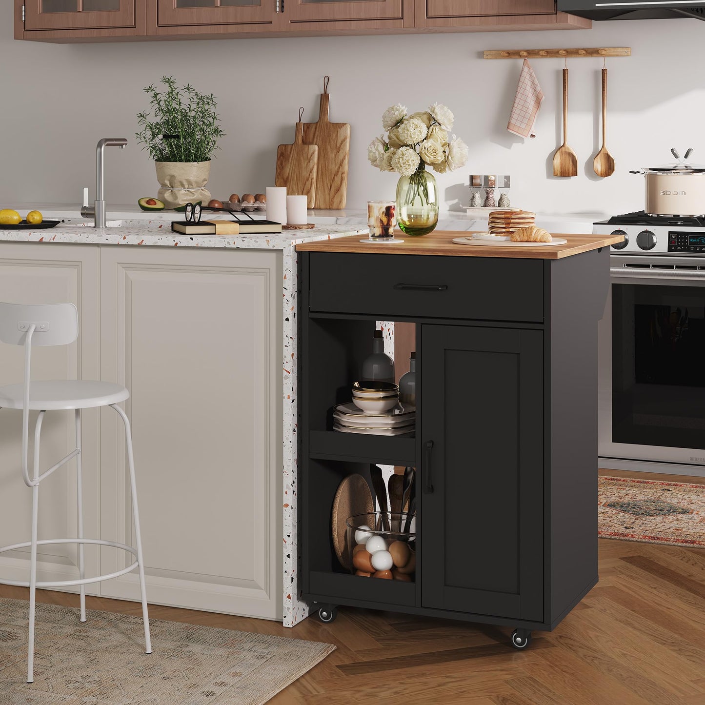 GarveeLife Kitchen Island with Drop Leaf, Rolling Kitchen Island on Wheels with Storage, Island Cart with 2 Open Shelves,1 Drawer for Kitchen, Dining Room