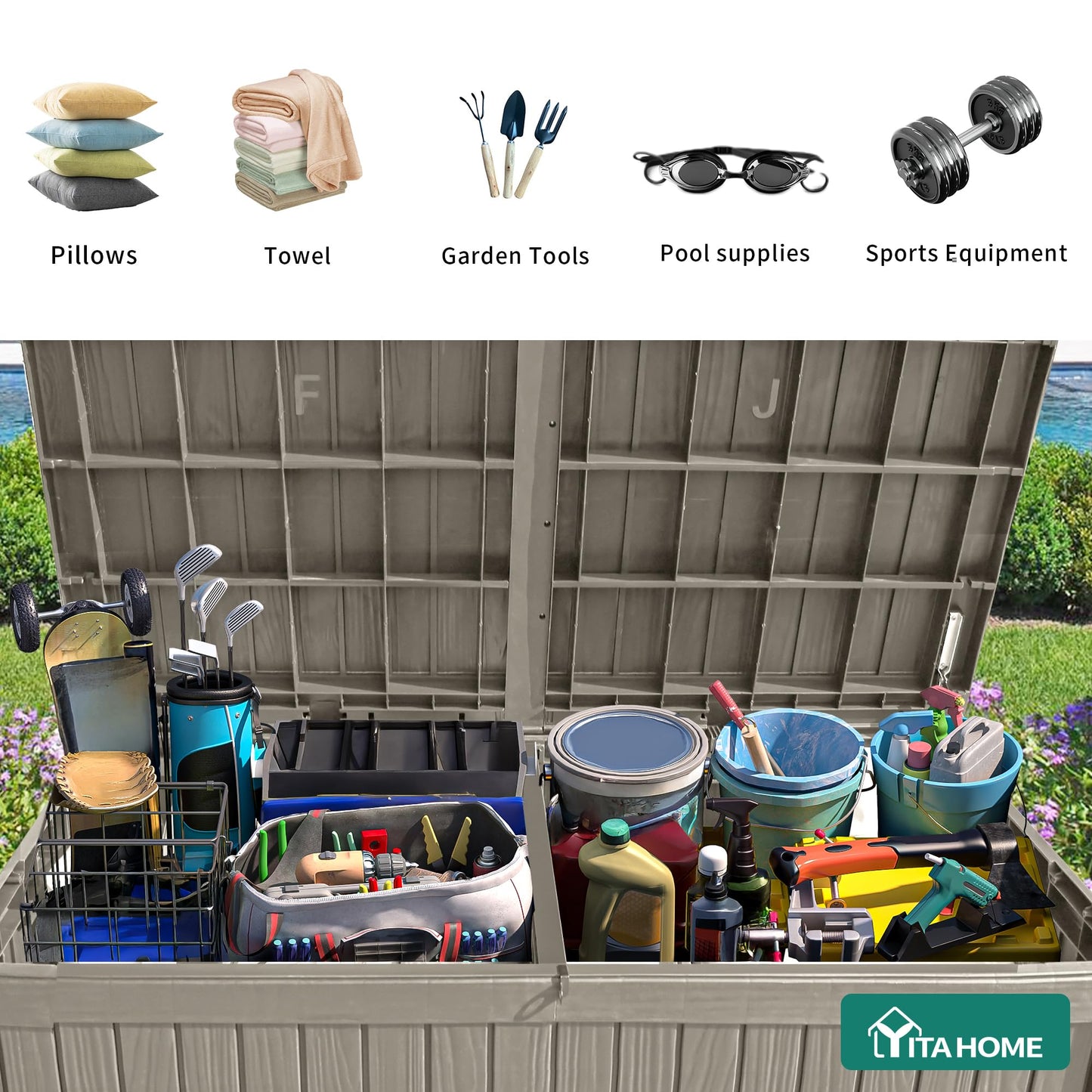 YITAHOME 180 Gallon Large Outdoor Storage XL Deck Box w/Divider for Patio Furniture,Outdoor Cushions, Garden Tools, Sports Equipment and Pool Supplies, Waterproof, Resin, Lockable, Taupe