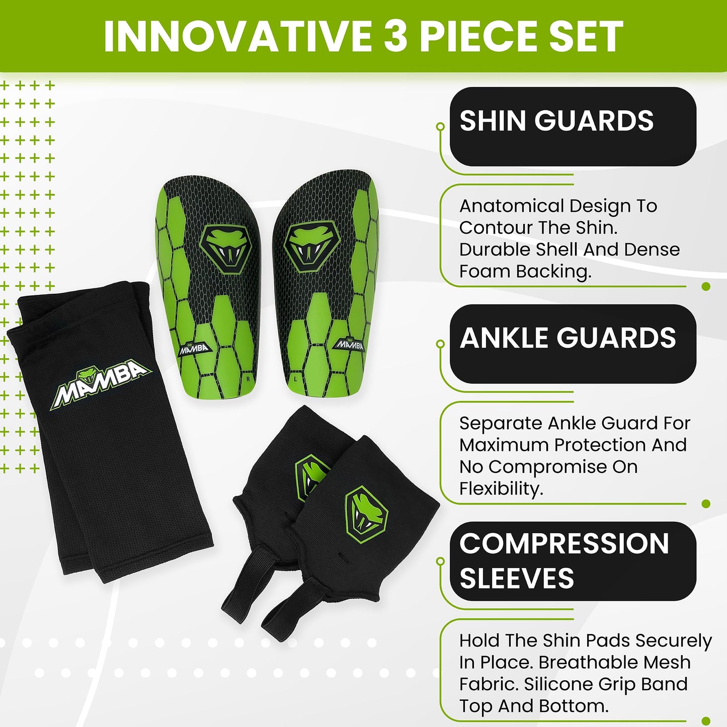 Mamba Ultimate Shin Guard Set | Soccer Shin Pads, Ankle Guards & Compression Sleeves for Optimum Flexibility & Protection | Kids/Adults | Unique 3 Piece Design (L)