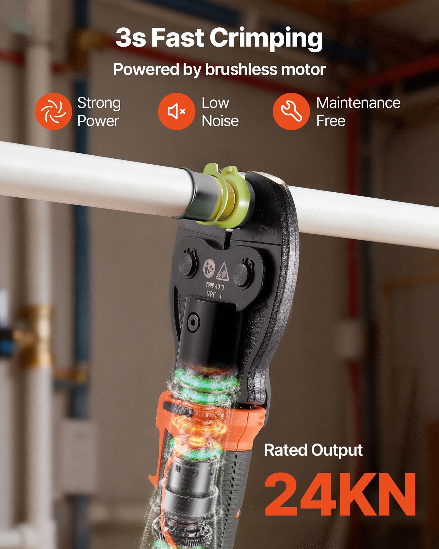 VEVOR Press Tool, 18V Electric Pipe Crimping Tool for 1/2" 3/4" 1" PEX Pipe Stainless Steel Rings, 24KN PEX Press Tool Compatible with PureFlow - with 3 VPF Jaws, 2pcs 2AH Batteries, Charger & Toolbox