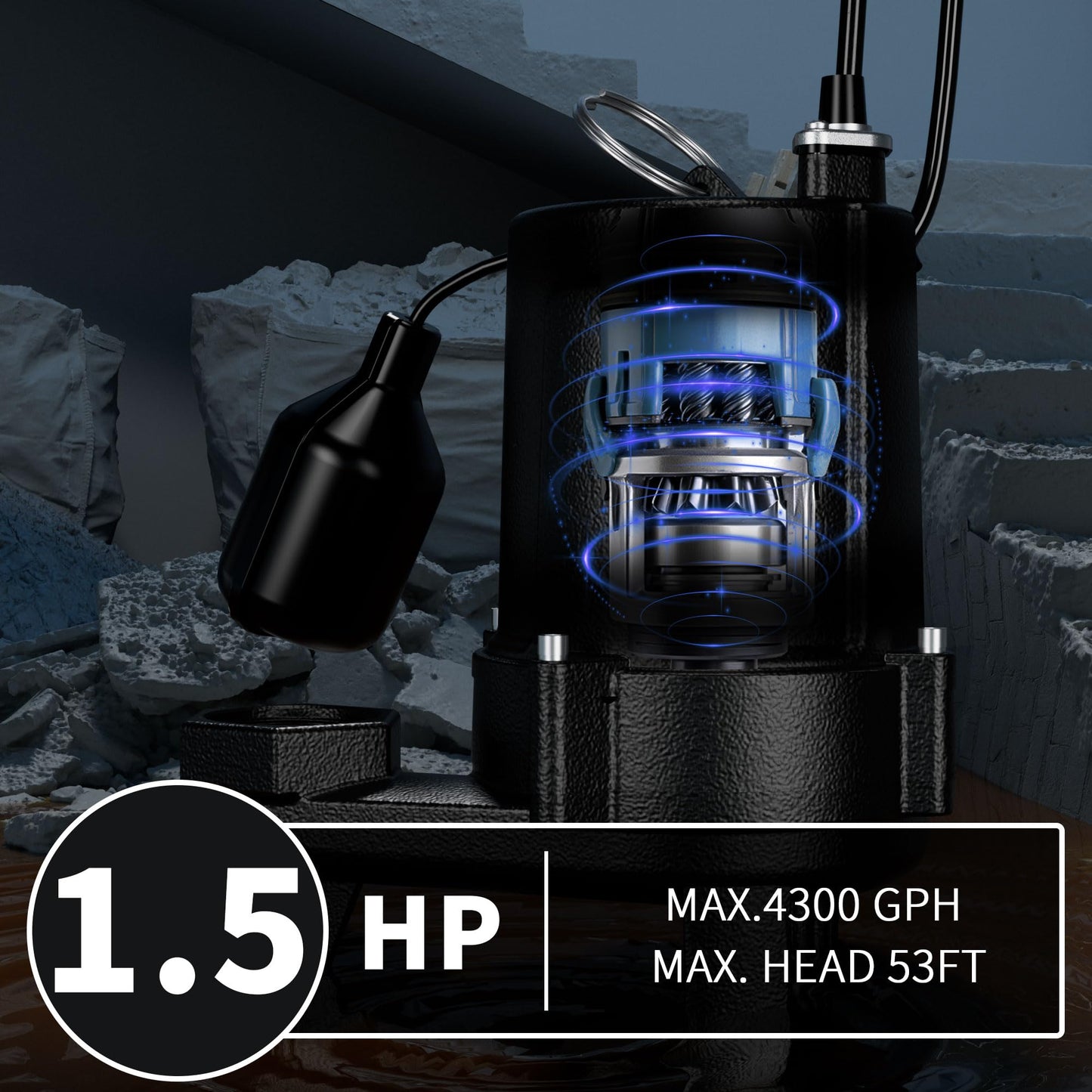 LANCHEZ 1.5 HP 53FT Submersible Sewage Pump, Heavy Duty Cast Iron Effluent Pump with Automatic Tethered Float Switch, Sump Pump for Sump Basin, Basement, Residential, 2" NPT Discharge, Black