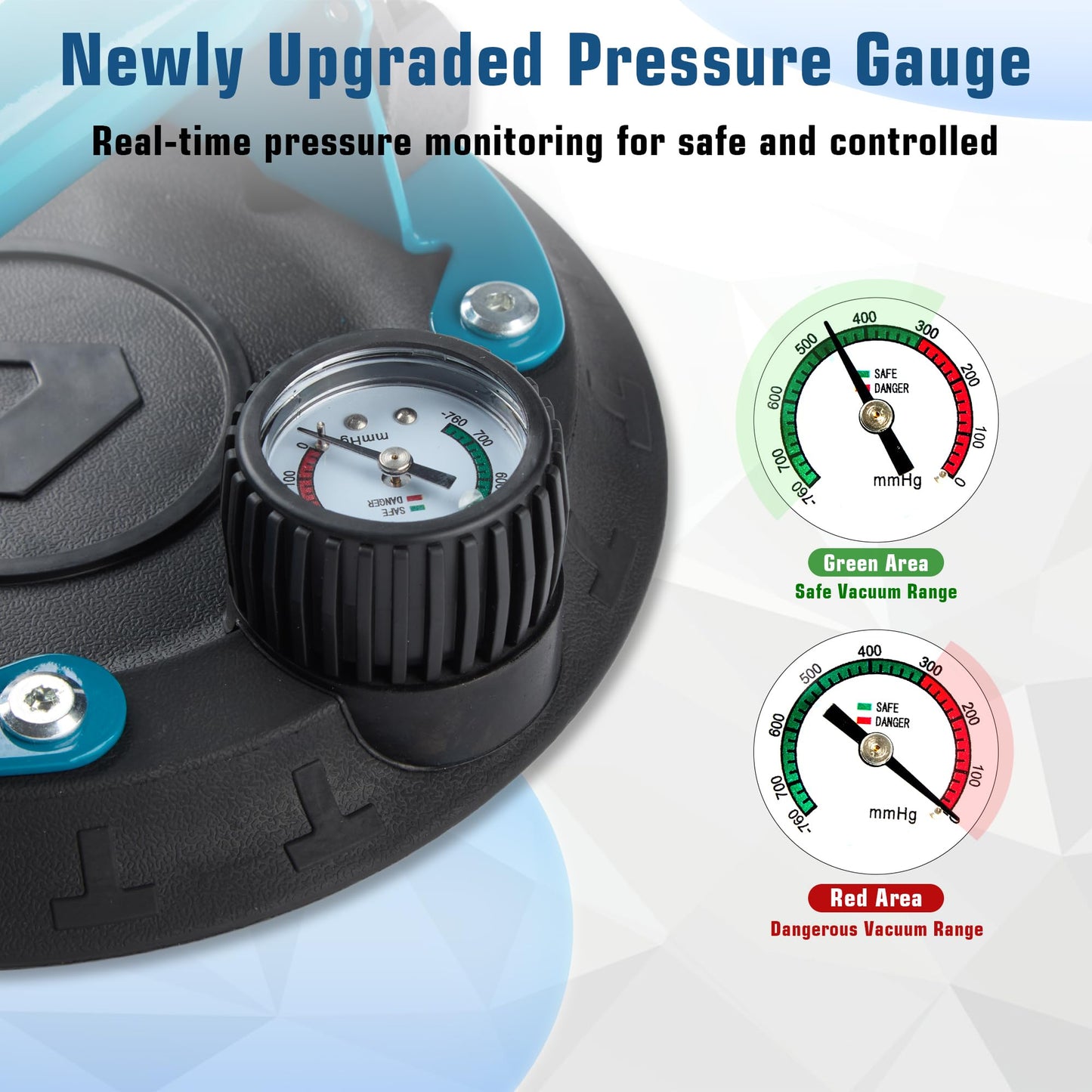 8" Glass Suction Cups with Pressure Gauge, 2 Pack Vacuum Suction Cups with Metal Handle, Heavy Duty Hand-held Suction Cups for Glass & Granite Lifting, 440 lbs Load Capacity with Carrying Case
