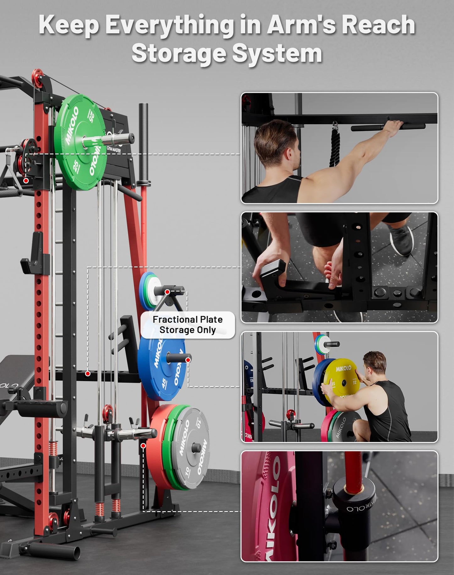 Mikolo M4 2.0 Ultra Smith Machine with Aluminum Pulles, All-in-One Home Gym Power Cage with LAT Pulldown & Cable Crossover, Squat Rack for Full Body Workouts (Red)