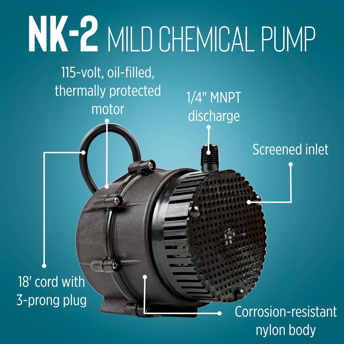 Little Giant NK-2 "NO-KORODE" Series, 115 Volt, 1/40 HP, 325 GPH Mild Acid, Alkalis and Hard Water Manual Submersible Pump with 18-Ft. Cord, Black, 527176