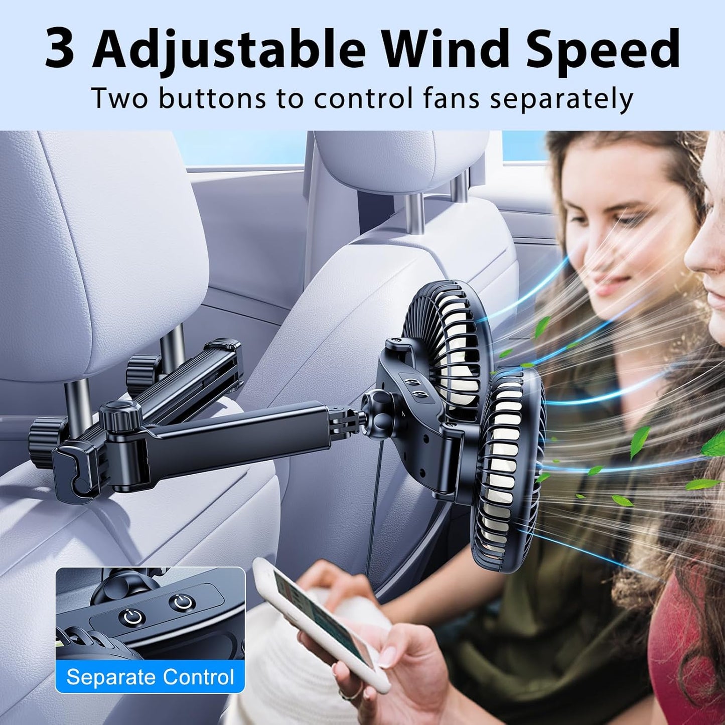 360 3 Car Fan for Backseat kids with Retractable Long Arm, [Comes with Car Charger] USB Car Seat Fan Headrest Degree