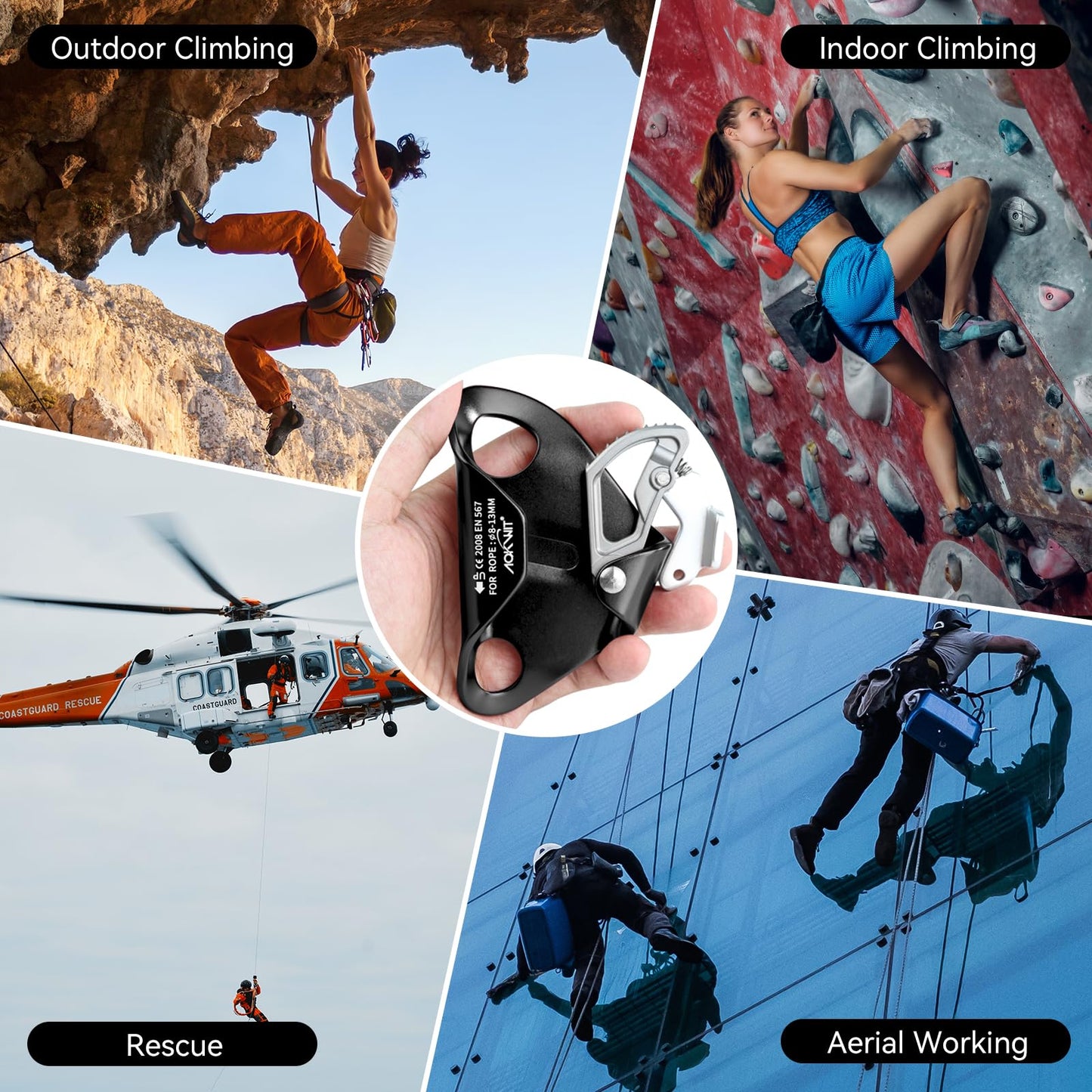 Chest Ascender Tree Climbing Gear Rope Grab High Strength Aluminum Alloy Rappelling Equipment CE Certified for Rock Climbing Rescue Aerial Work Mountaineering Caving Arborist Work 8-13mm Ropes (Black)