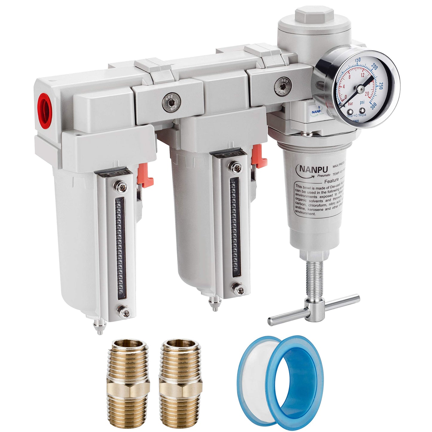 NANPU 3/8" NPT T-Handle High Pressure Air Drying System - Double 5 Micron Particulate Filter & Air Pressure Regulator Piston Combo, Semi-Auto Drain＆Gauge
