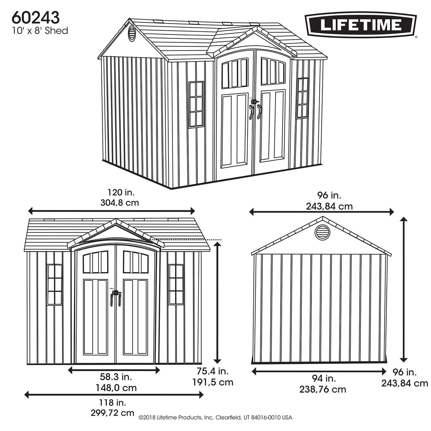 Lifetime 10×8 Ft. Outdoor Storage Shed, Dual‑Wall HDPE with Steel‑Reinforced Structure, Side‑Entry Doors with Windows, Skylight, Screened Vents, Adjustable Shelves, Slip‑Resistant Floor, UV‑Protected