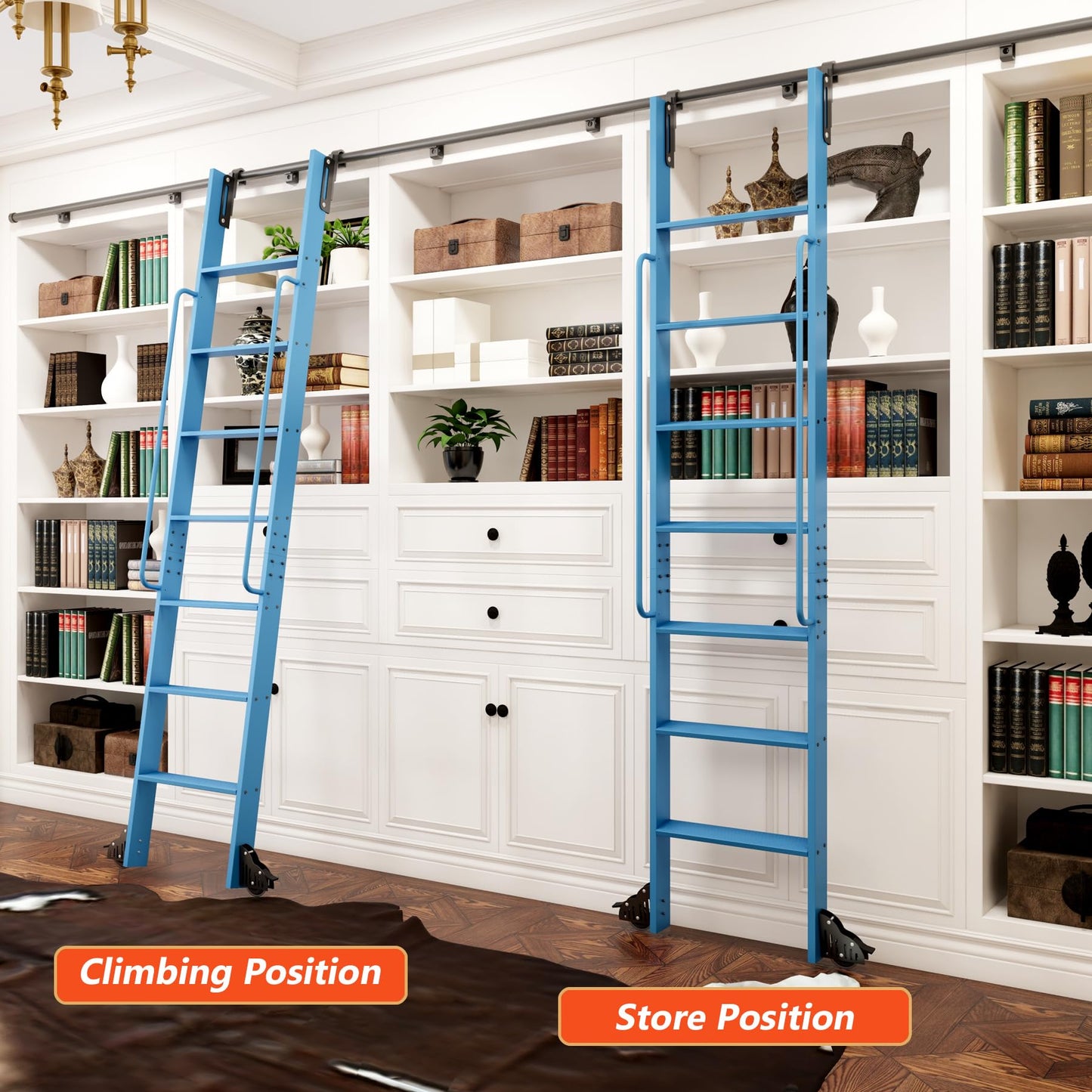 DIYHD 87" Lightweight Sliding Library Ladder with Handrail, Rolling Bookshelf Ladder with 4FT Rail System, Telescopic Top Hook, Upright Space-Saving Storage Design, 7 Steps, 300 Pound Capacity, Blue
