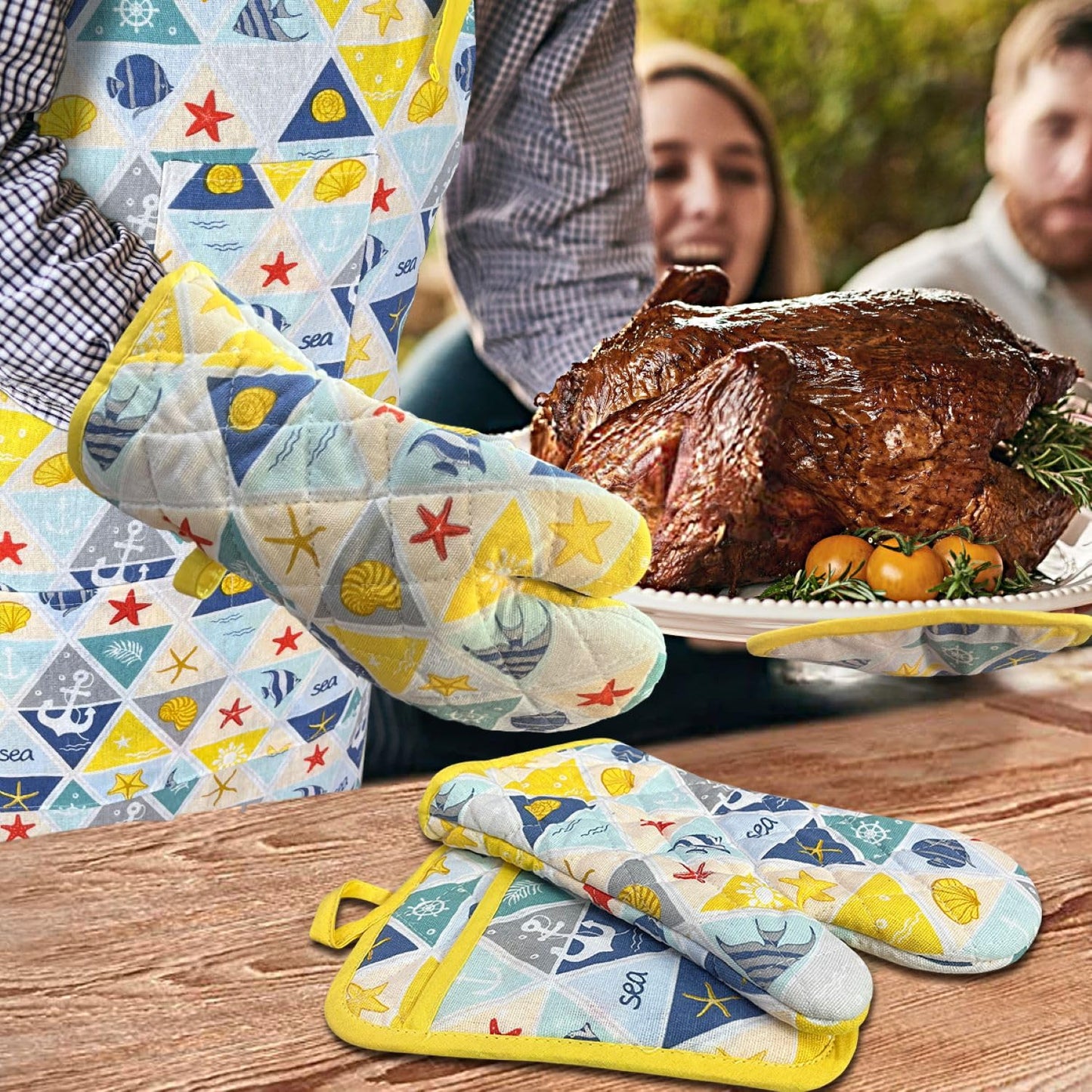 Alselo Oven Mitts and Pot Holders with Chef Apron,Set of 5 Heat Resistant Kitchen Gloves and Silicone Non-Slip Potholders Adjustable Neck Buckle Apron, Cotton Nice Design for Cooking (Sea Fish)