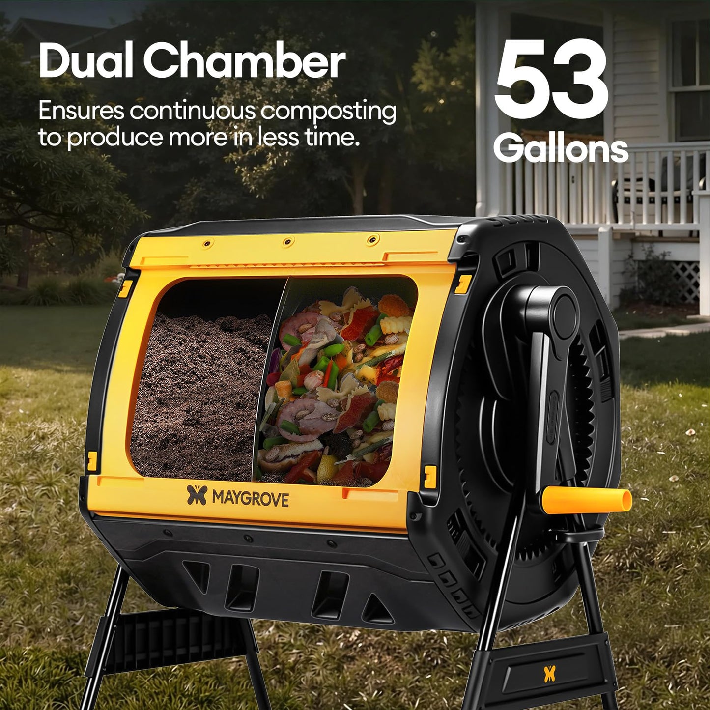 Maygrove Outdoor Compost Bin 53 Gallon, Dual Chamber Large Compost Tumbler for Garden Backyard, with 360° Rotating, Sliding Doors & Solid Steel Frame