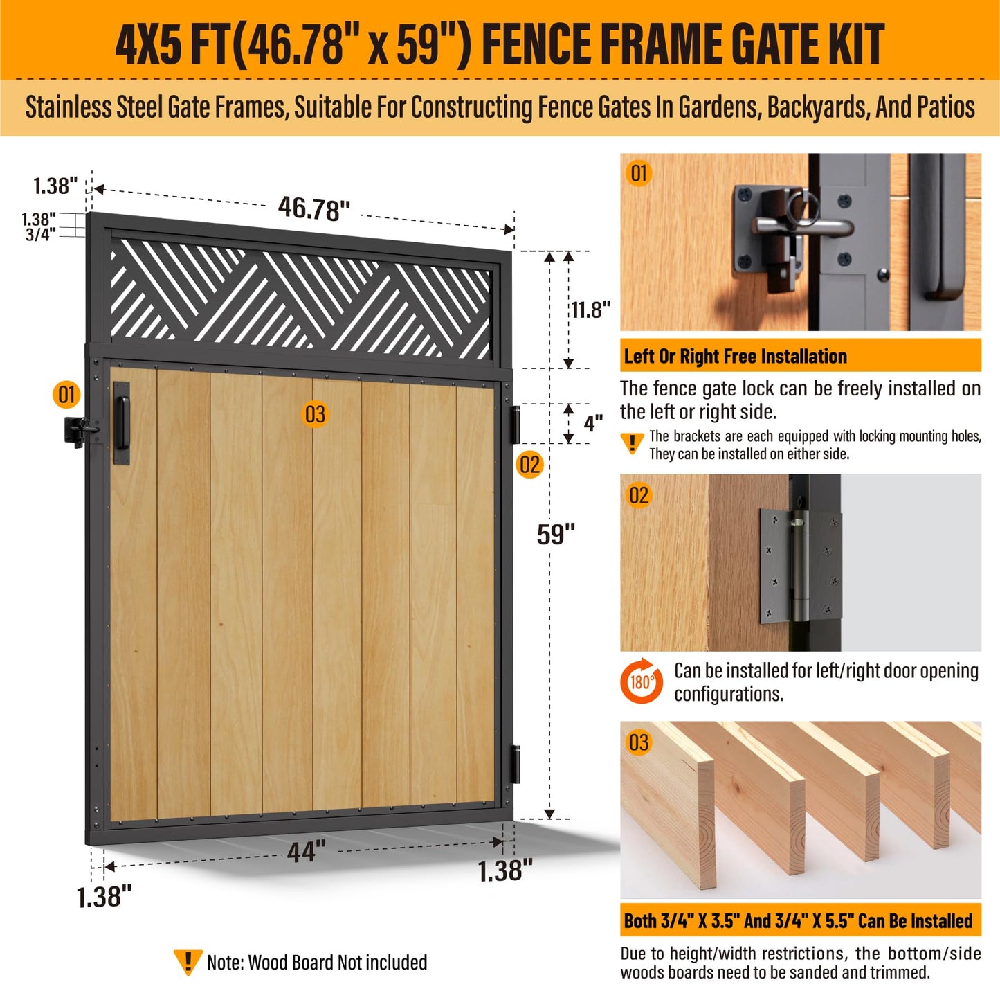 Bitals 4x5FT Fence Gate Frame Kit 201 Stainless Steel Anti-Sag Heavy Duty Garden Gate Reinforcement Hardware, Left/Right Mount (No Panels Included)(46.78"W x 59.0"H)