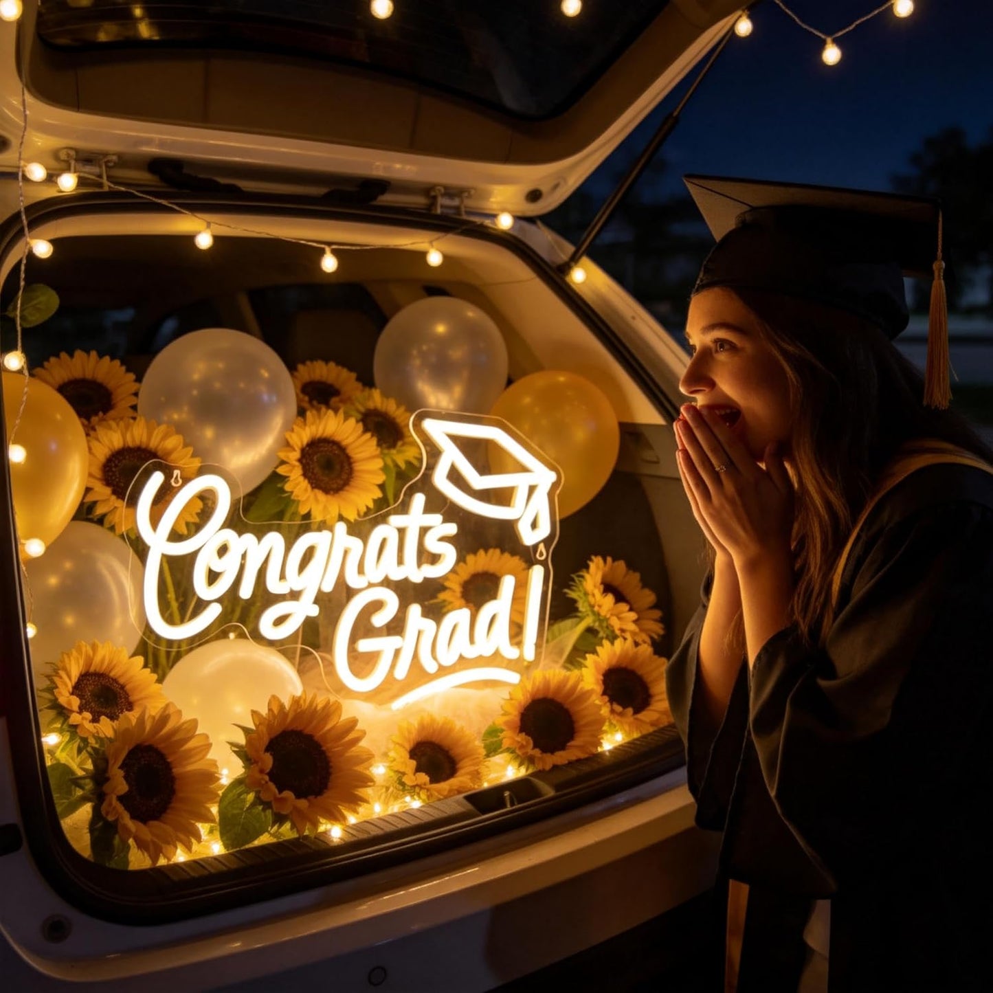 Skiennix Congrats Grad Neon Sign - Graduation Cap Design | 16"x11" Warm White LED Light for Class of 2026 Celebrations