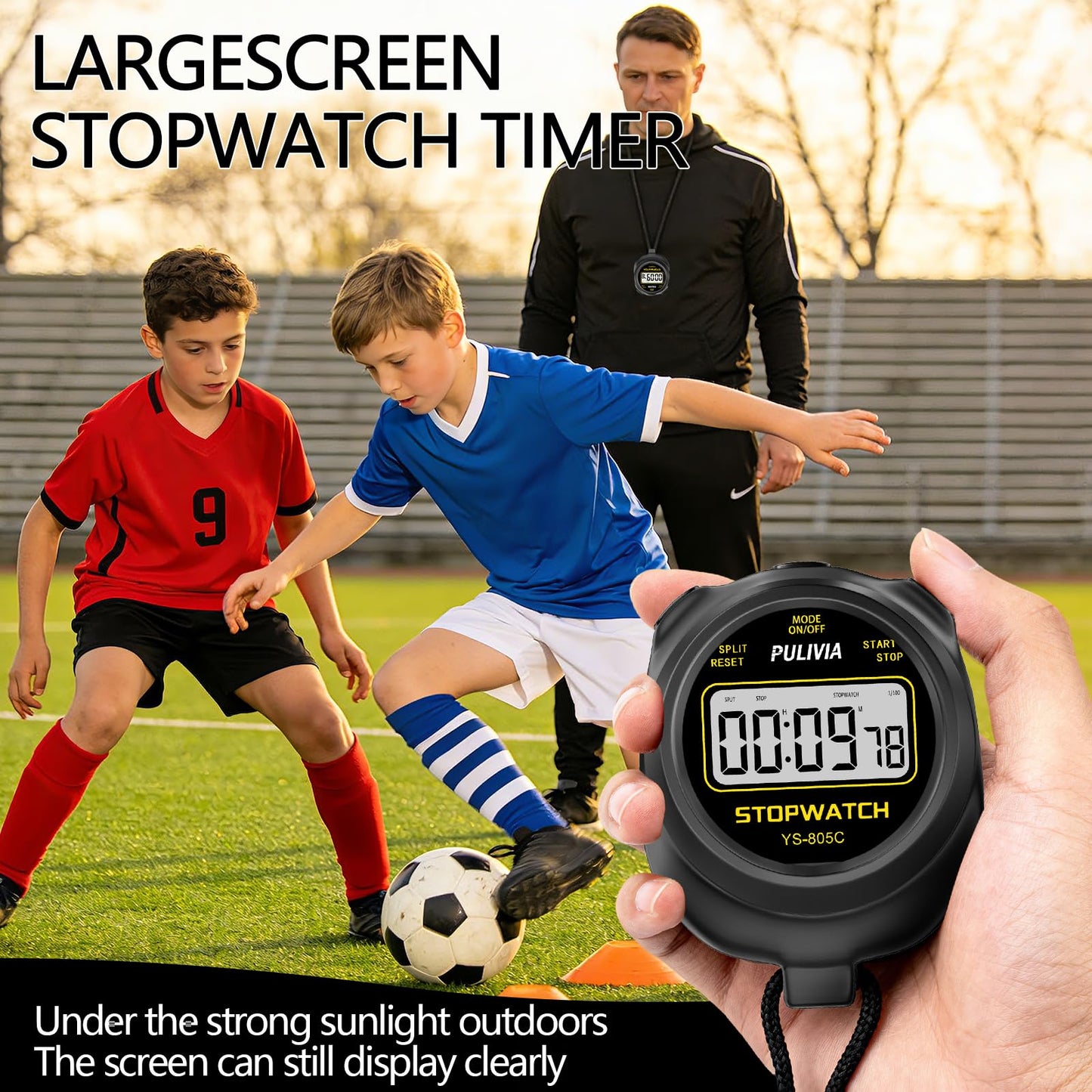 PULIVIA Stopwatch Timer with Countdown, Simple Operation Digital Stop Watch for Sports, Countdown-Alarm Button-Sound, AAA Battery Included (Black)