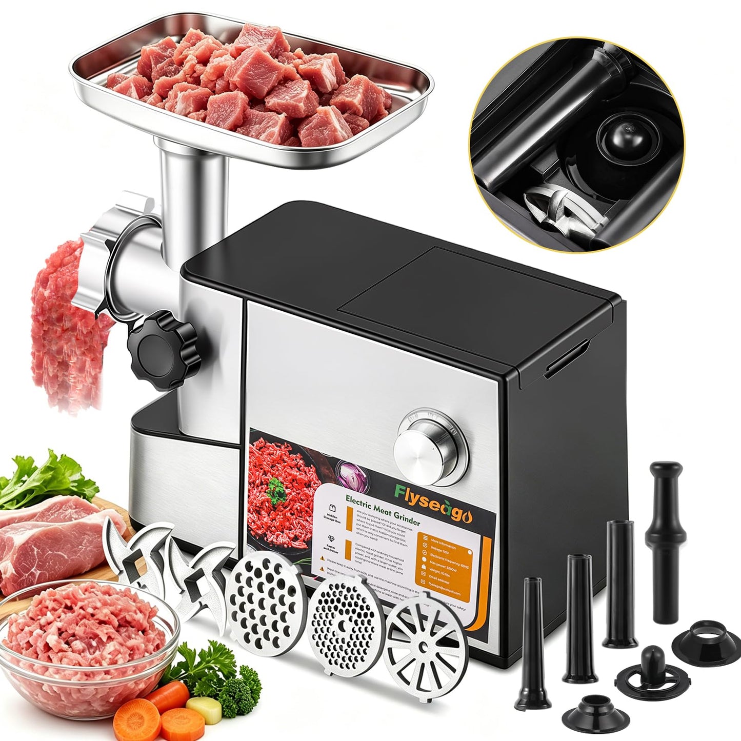 Flyseago Meat Grinder Electric 3200w High Capacity Commercial Heavy Duty Meat Grinder and Sausage Stuffers, Kubbe Kit for Household Use & Commercial
