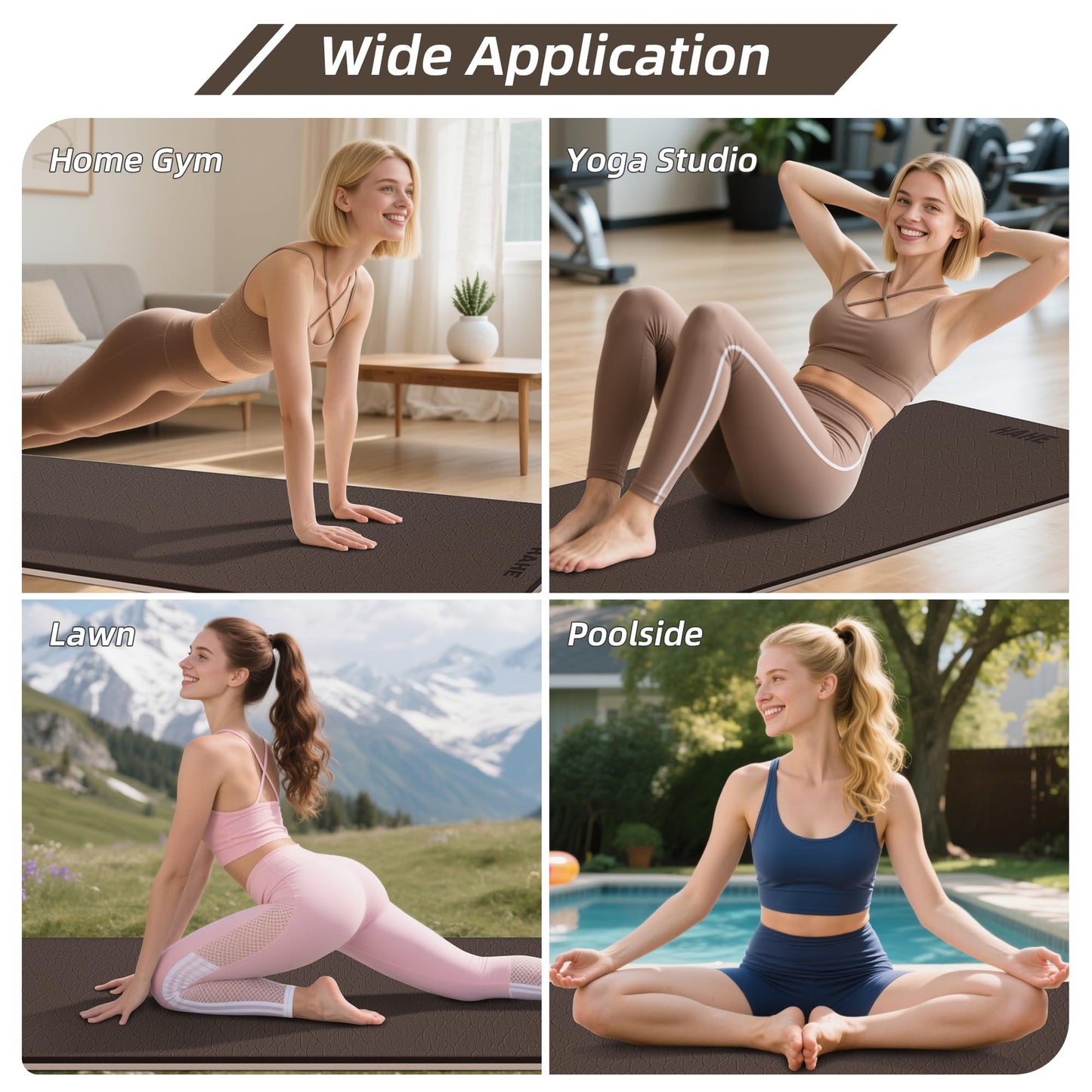 HAHE Extra Thick Yoga Mat, 72"Lx32"Wx0.4"Th (10mm), Wide Non-slip Exercise Mats with Carry Strap, Double-Sided POE Fitness Mat for Yoga, Pilates & Floor Workouts (Dark Brown+Beige)