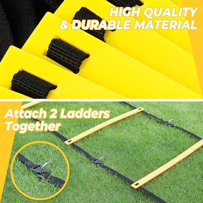 GHB Pro Agility Ladder Soccer Kick Trainer Set 20ft 12 Rung 10 Cones and 4 Stakes Speed Agility Football Training Equipment with Carrying Bag
