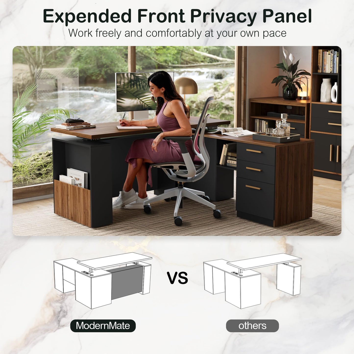 ModernMate 63" Standing Desk with File Cabinet, Privacy Panel, AC/USB, 1.18" Desktop, Executive L Shaped Height Adjustable Electric Stand Up Desk, Home Office Table with 3 Drawers, Black Walnut