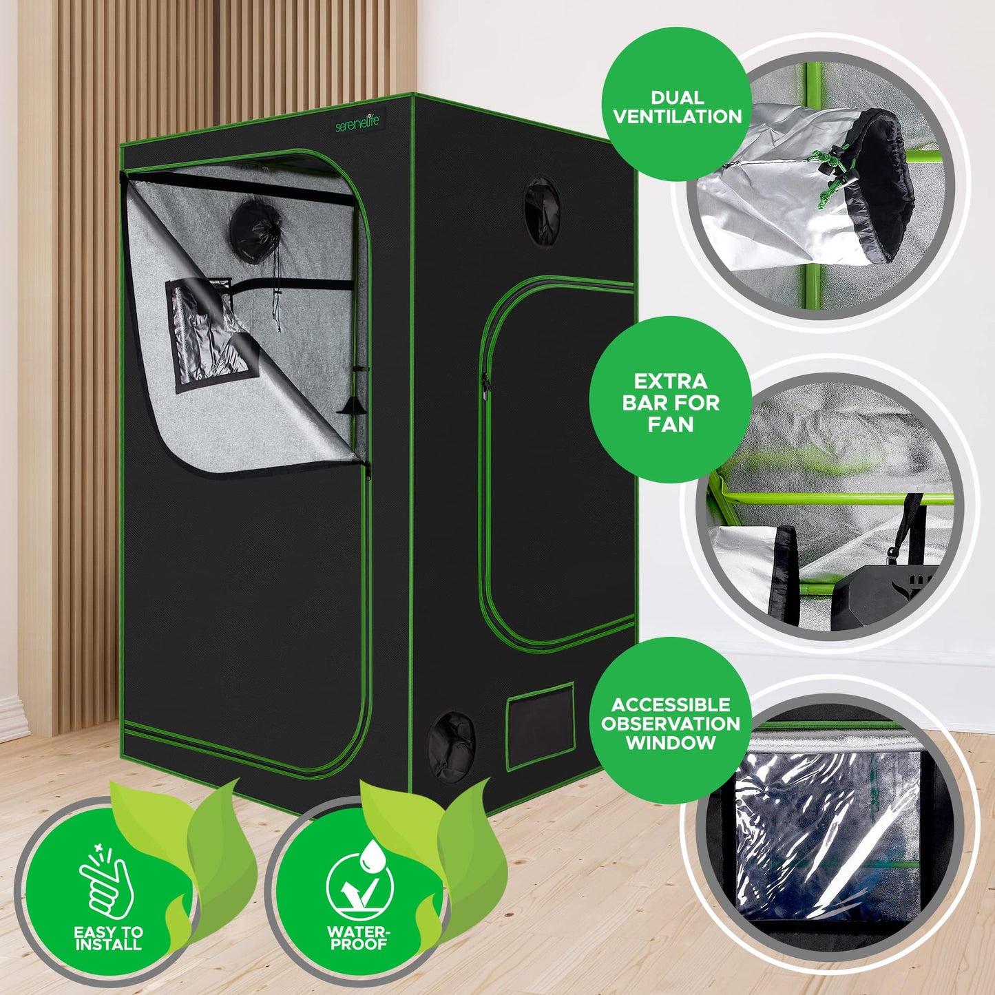 SereneLifeHome Medium Hydroponic Grow Tent Garden-48'' x 48'' x 80'' Indoor Plant Growing System w/Durable Reflective 600D Mylar,Observation Window-Includes Removable Floor Tray,Black,Green,SLGT48M