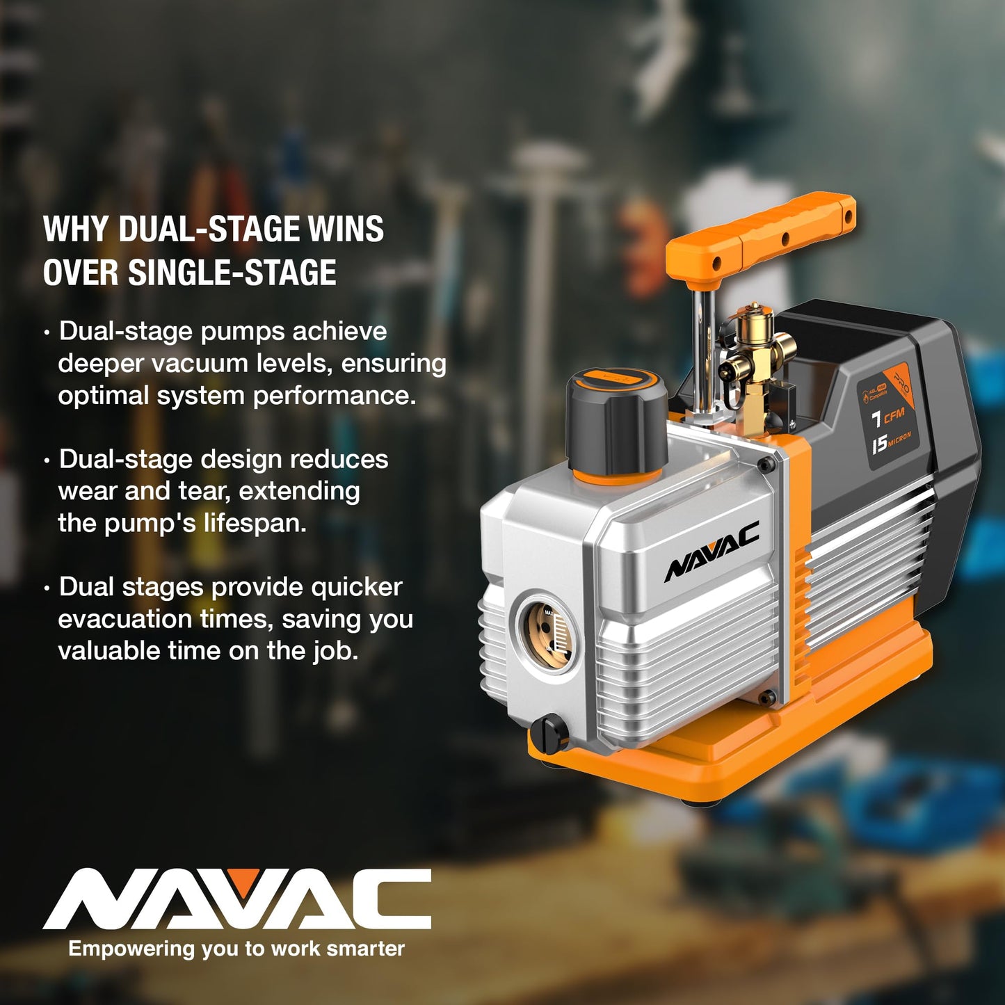 NAVAC NP7DP2 HVAC Vacuum Pump - Dual-Stage AC Motor - A2L Refrigerants - A/C Vacuum Pump Kit - For Evacuation of HVAC Equipment - 15 Microns - Pro Series - 7 CFM