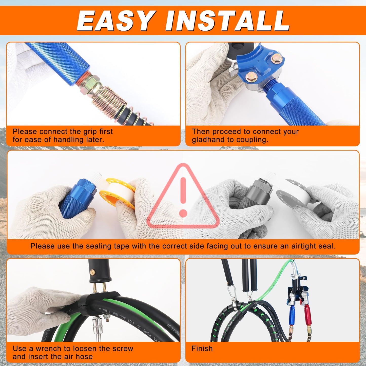 15FT Air Line Hose Kits, 3 in 1 Air Line for Truck Tractor Trailer, Semi AirLine Assembly with Gladhand, Gladhand Holder, Extension Handles, 16IN Tender Spring Kit, 7 Way Trailer Connect Socket