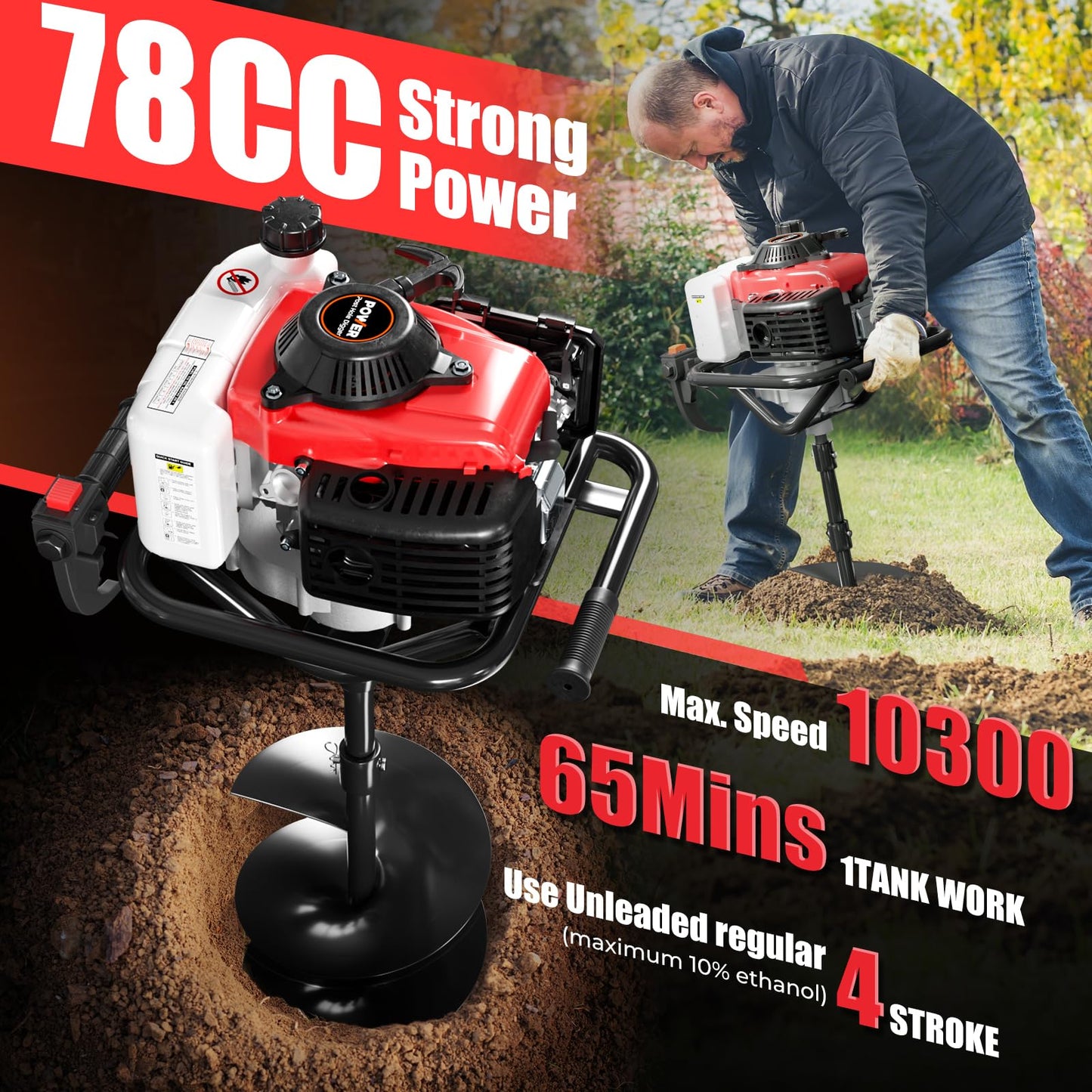 Baotree Post Hole Digger, 78cc Auger Post Hole Digger, 4-Stoke Gas Powered Earth Digger with 2 Auger Drill Bits(6" & 8") + 2 Extension Rods, for Farmland, Garden and Plant (78CC)