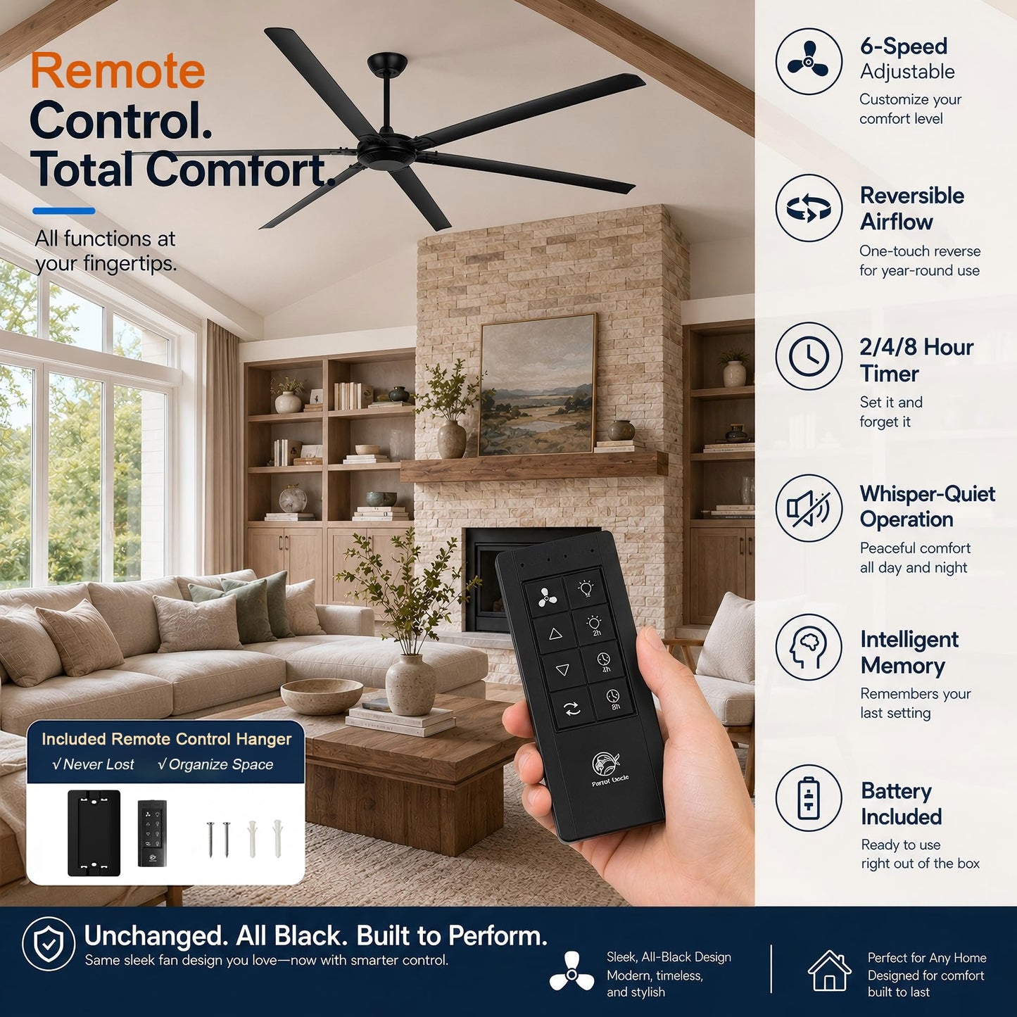 120 Inch Ceiling Fans without Lights Big Industrial Black Ceiling Fan for Shop Garage Gym, 6-Speed Reversible DC Motor Outdoor Ceiling Fans for Patios, Commercial Fan with Remote, 6 Aluminum Blades