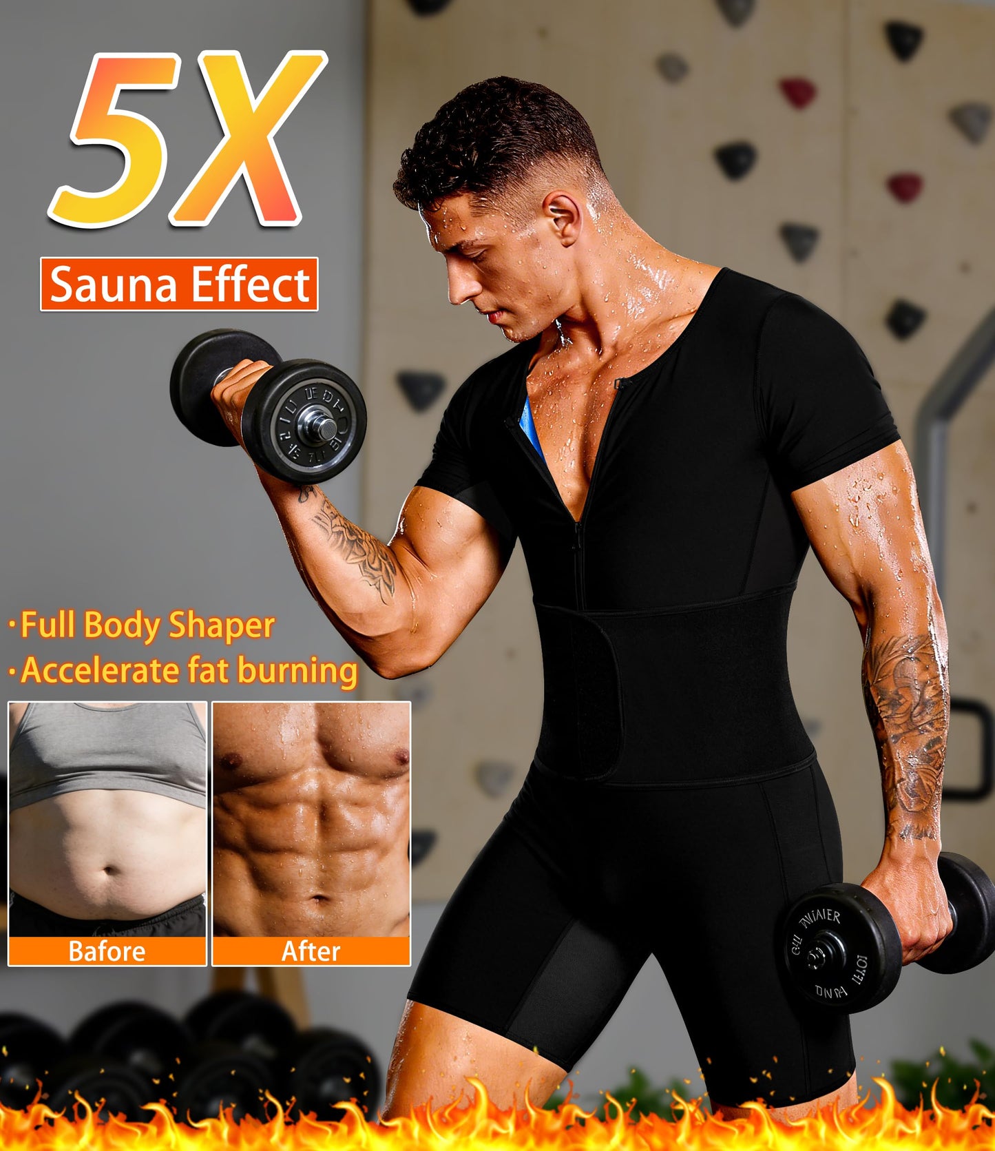 QZSH Sauna Suit for Men Sweat Jumpsuit Full Body Heat Trapping Slimming Shirt for Working out(70029-01-S)
