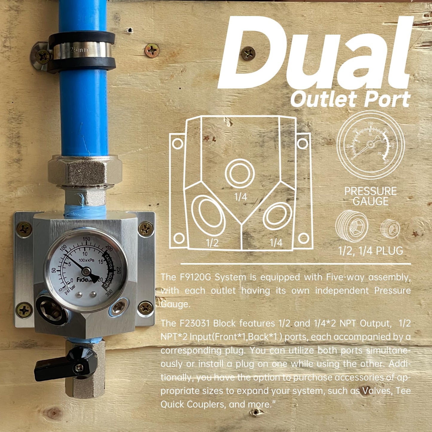 Compressed Air Piping System with 3/4 Inch ID x 100 feet 3-Way Multi-Outlet Aluminum Manifolds with individual Pressure Gauge HDPE Tubing Shop Air Line Kit, Air Compressor Line Kit | 200 PSI | 9110G