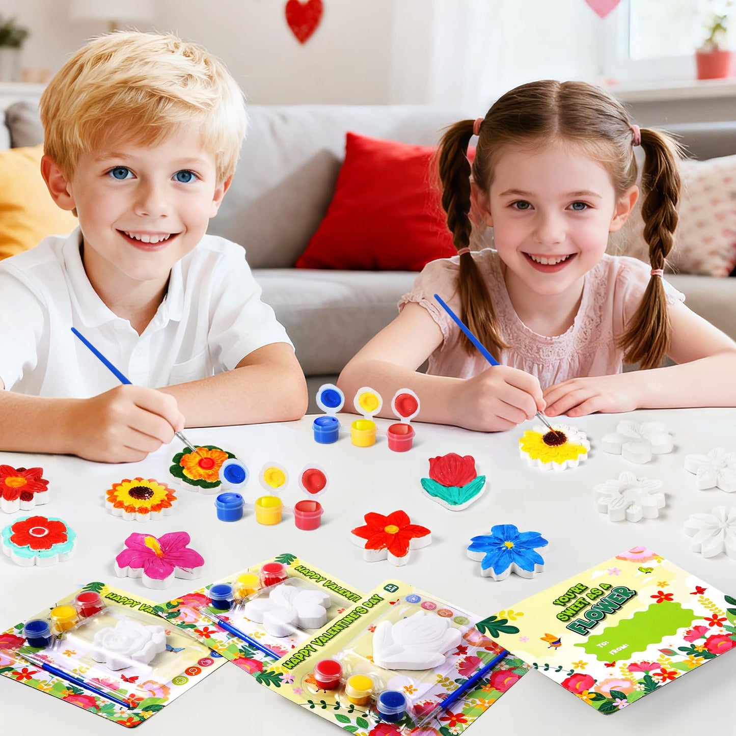 SpringFlower Valentine's Day Cards with Plaster Painting Kit for School Classroom Valentine's Gift Exchange, Valentine's Party Favor for Kids & Art and Craft Activity,24 Pack