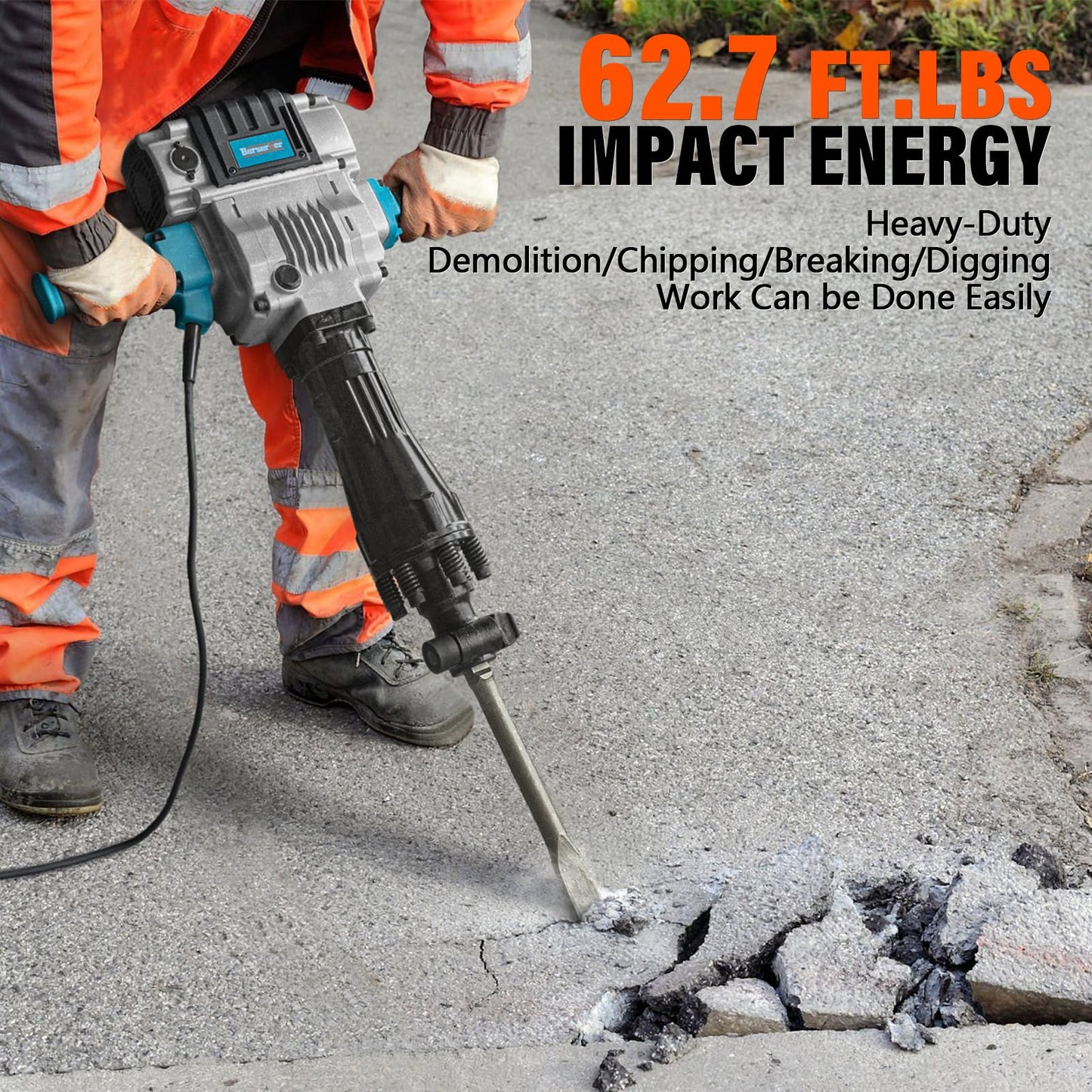 Berserker 2100W 50-Pound Demolition Jack Hammer with 1-3/16" Hex, 17-Amp Corded Electric Heavy Duty Demo Chipping Hammer Concrete/Pavement Breaker with Carrying Case Flat Chisel Bull Point Chisel