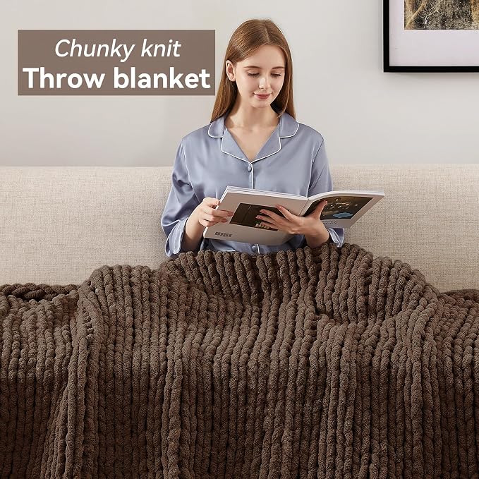 Negwoo Chunky Knit Throw Blanket, 80''*90'' Knitted Throw Chenille Yarn for Bed Couch, Handmade Dark Brown Crochet Big Thick Blanket, Machine Washable Cute Comfy Blanket for Home Decor