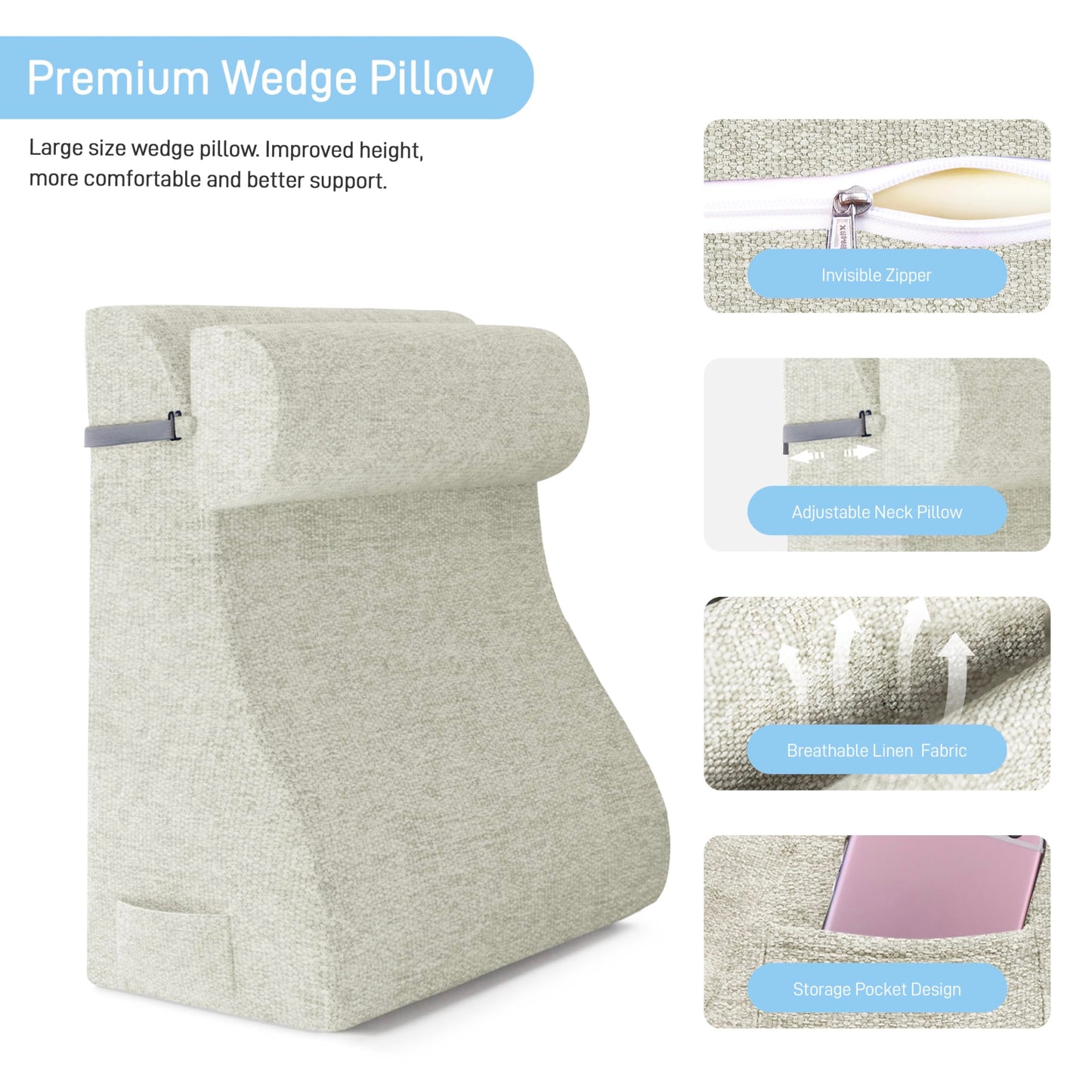 strusery Wedge Pillow for Sitting in Bed – Ergonomic Backrest Cushion, Acid Reflux & GERD Relief, Adjustable Support for Neck/Leg Pain (Polyester-White)
