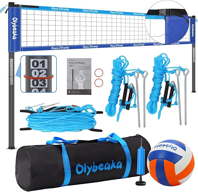 Outdoor Portable Volleyball Net Set for Backyard Beach with Adjustable Heavy Duty Poles, Durable Net, PU Volleyball & Pump, Carry Bag